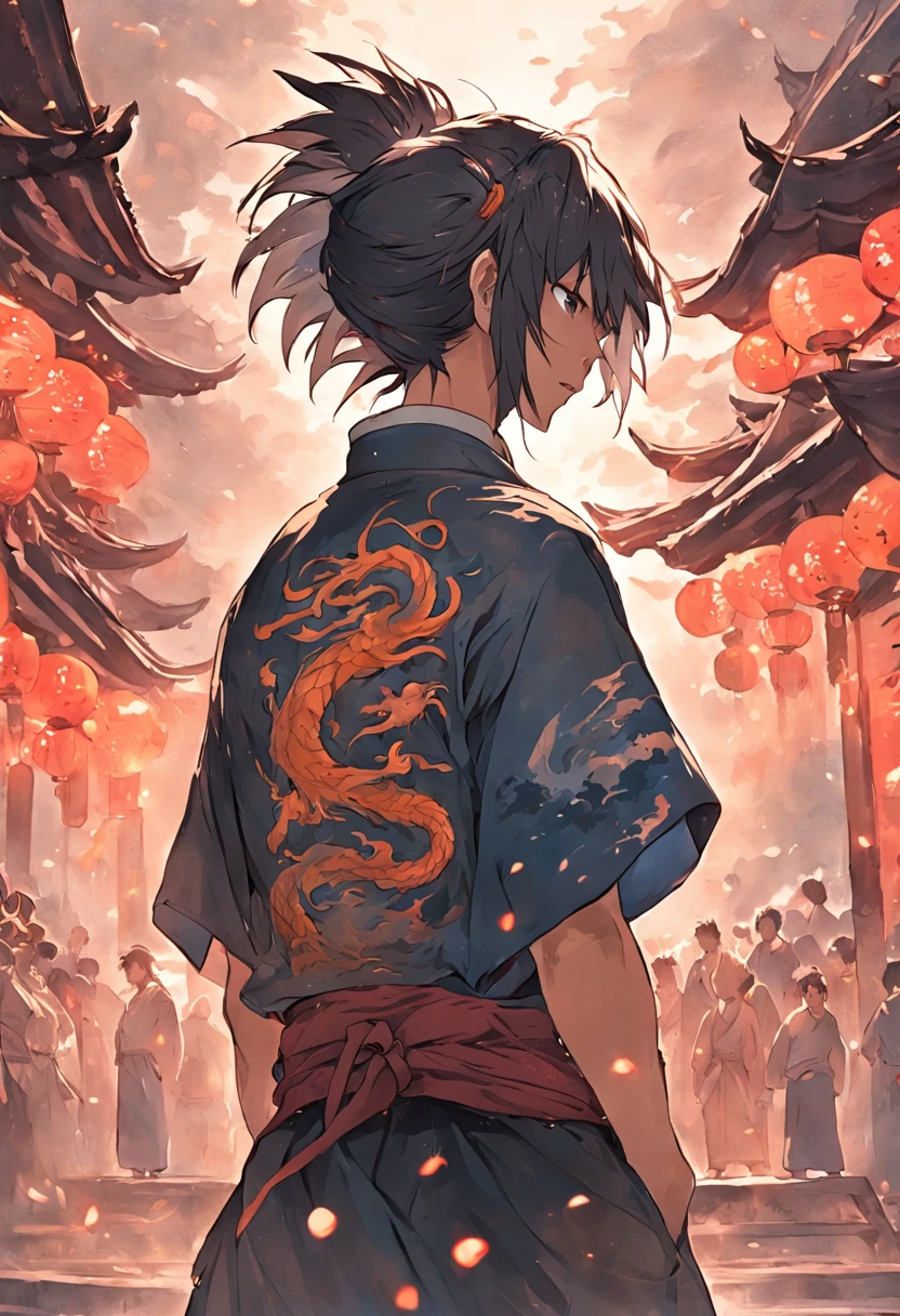 Close-up of samurai back tattoo,The Yunlong effect:1.5,Solo,Cascades waterfalls background,medium and close-up,super detailing,tattoo art