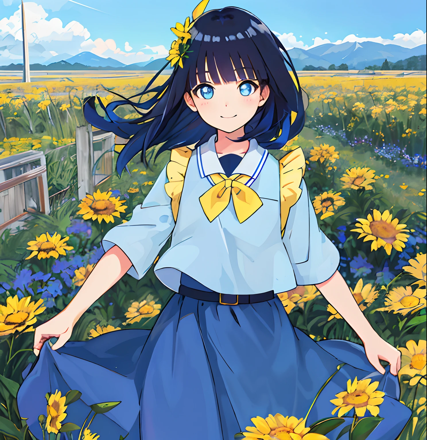(high-quality, breathtaking),(expressive eyes, perfect face), short, young girl, long dark blue hair, blue eyes, smiling, rown maid uniform, brown dress, urban setting, sunshine, blue sky, shine, glow, yellow flovers, blunt bangs, himawari uzumaki, long hair.