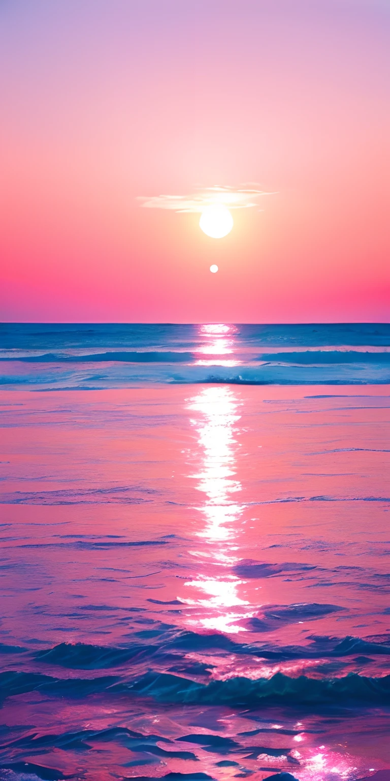 Pink moon, pink sky, soft pink clouds, pink ocean waves sparkling, sparkling, pink roses on pink ocean, fantasy, diamond, crown, universe, soft lights,