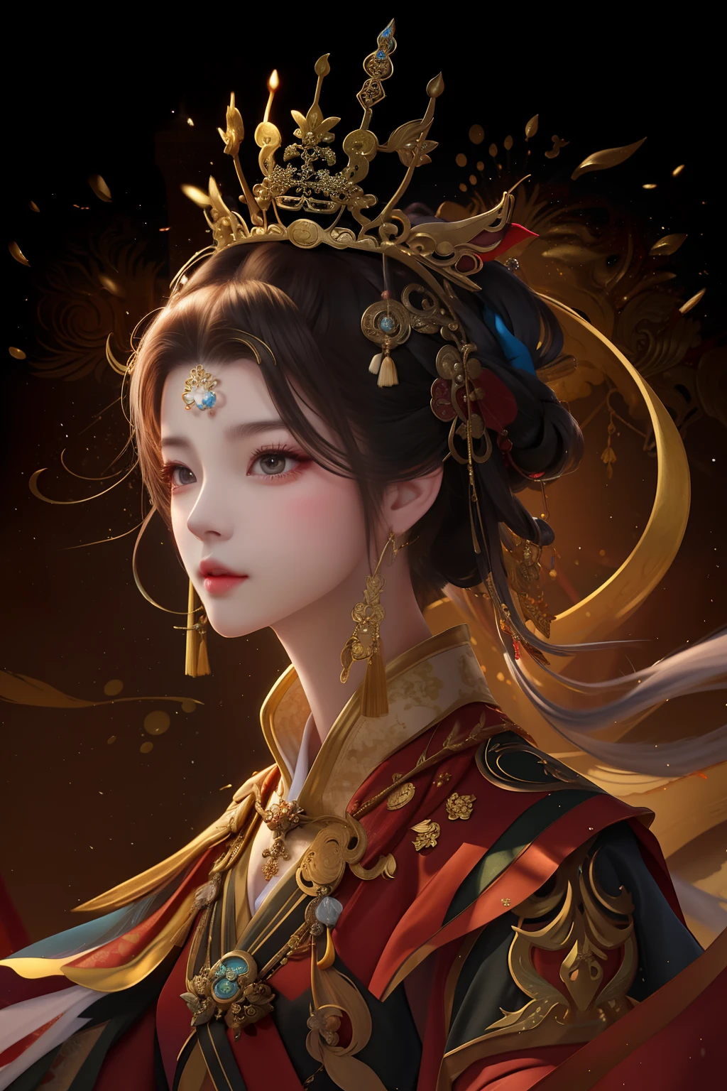 One wears a crown on his head，Woman in a red cloak, a beautiful fantasy empress, by Yang J, Beautiful character painting, inspired by Du Qiong, ((a beautiful fantasy empress)), Inspired by Lan Ying, Palace ， A girl in Hanfu, Inspired by Qiu Ying, Inspired by Fenghua Zhong, author：Fan Qi, By Li Song