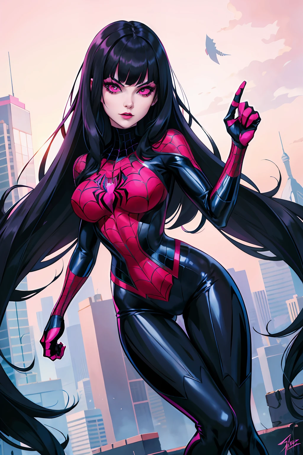 Mujer blanca, ojos grandes, labios rosados, traje de spiderman, traje ajustado, culona, con un culo grande y que resalte, foto de espaldas, showing the ass, cuerpo completo, detallado, en la cima de un edificio, semen en las nalgas