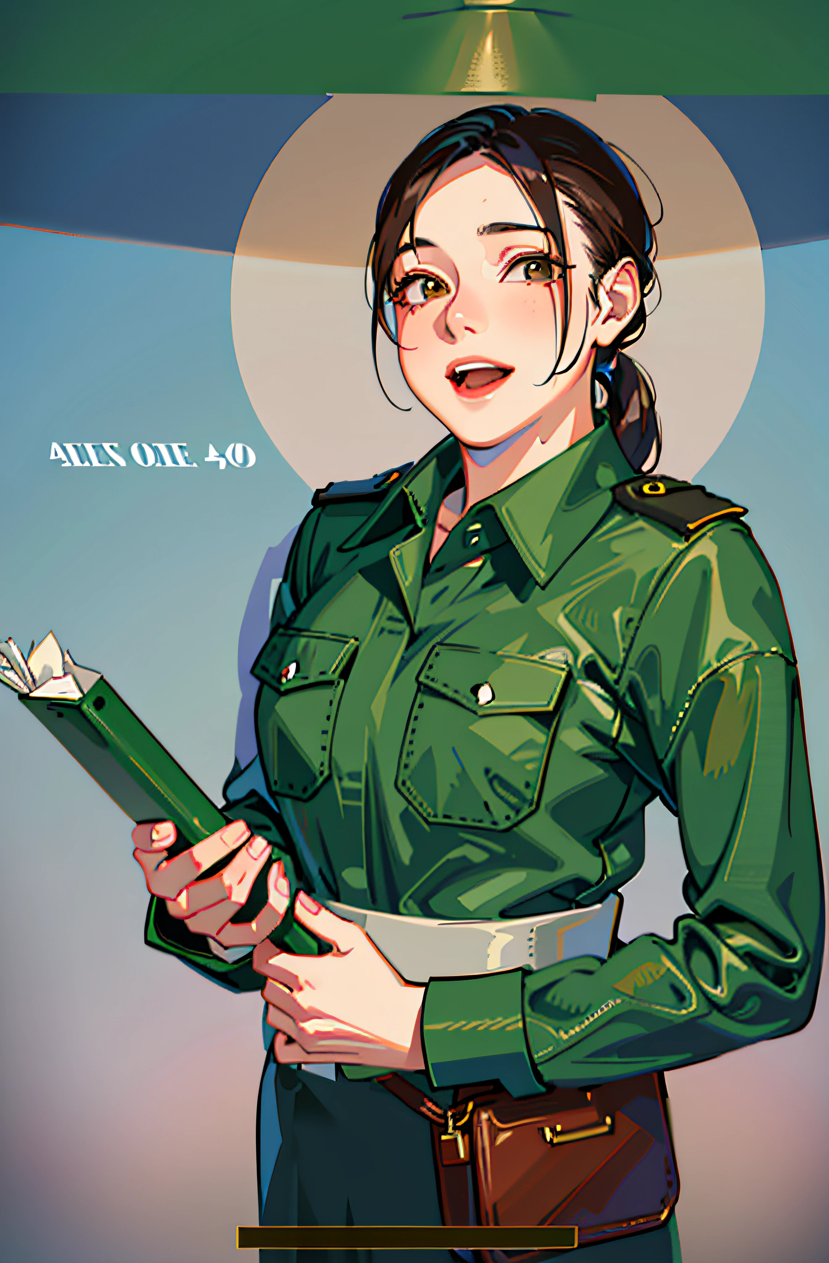 (Masterpiece, best quality: 1.2), (Super detailed), (Illustration), wallpaper,a woman in uniform holding a clipboard and smiling, girl wearing uniform, full uniform, wearing military uniform, officer, impeccable,teacher composure, wearing a teacher uniform, uniform, jk uniform, officers uniform, working clothes, in uniform, uniform background, portrait of modern darna, tan, portrait of a female ranger, teacher uniform, ((khaki Uniform)), long brown pony tail hair, long brown hair