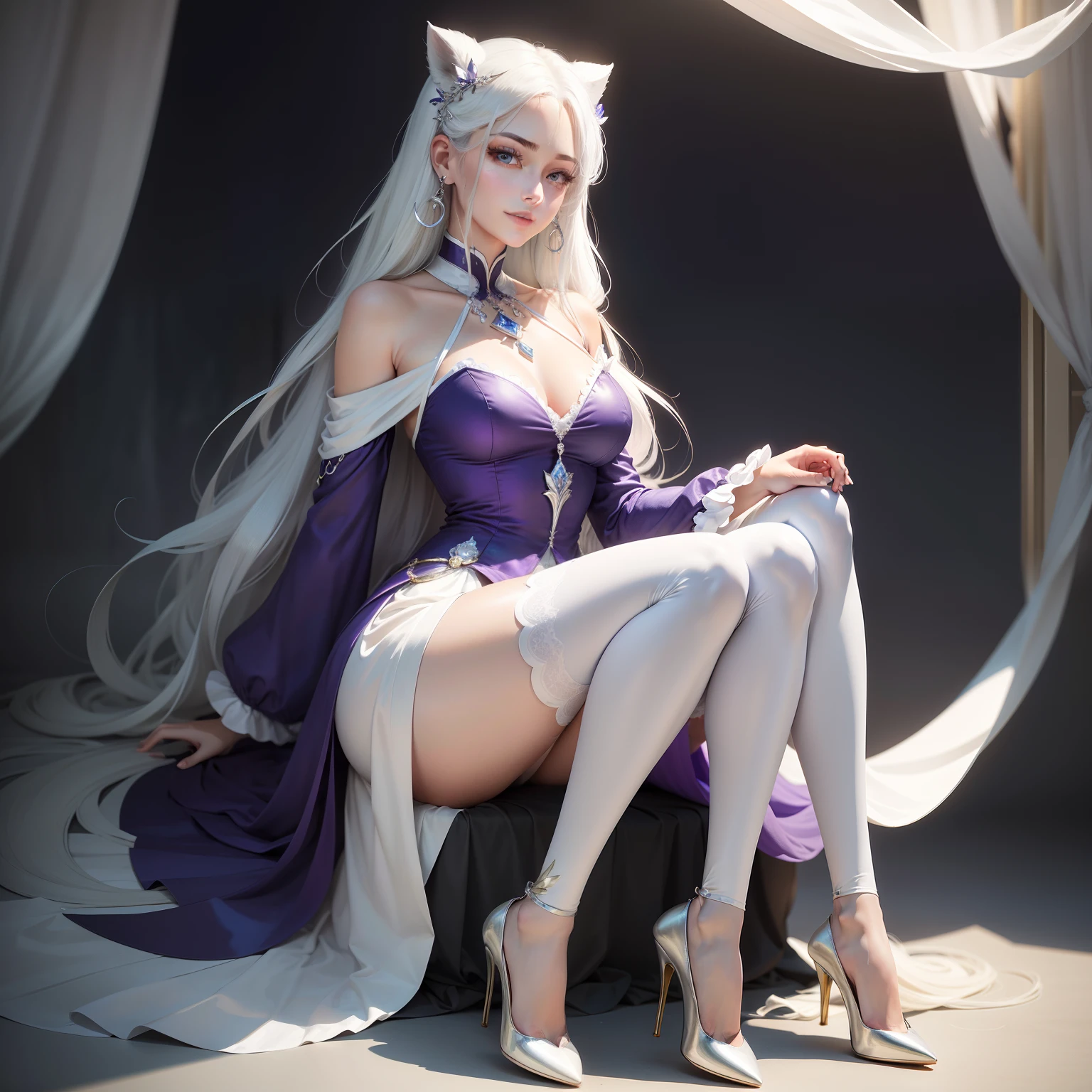 A woman who is,The body is 178cm tall,BUST CIRCUMFERENCE 90CM,Waist circumference 60cm,Hip circumference 85cm,The leg length is 118 cm,He has long thick white hair on his head,To the waist,The eyes are blue-purple,Danfeng Eyes,Spent a light suit,A slight smile on his face,With a pair of earrings on his ears,Silver,There is a thin necklace around the neck,Silvertone,Wearing a dress,The white,to the ground,Has a lower leg,Reach out slightly,He wears 14D white stockings on his legs,There is a crystal high heel on his foot。