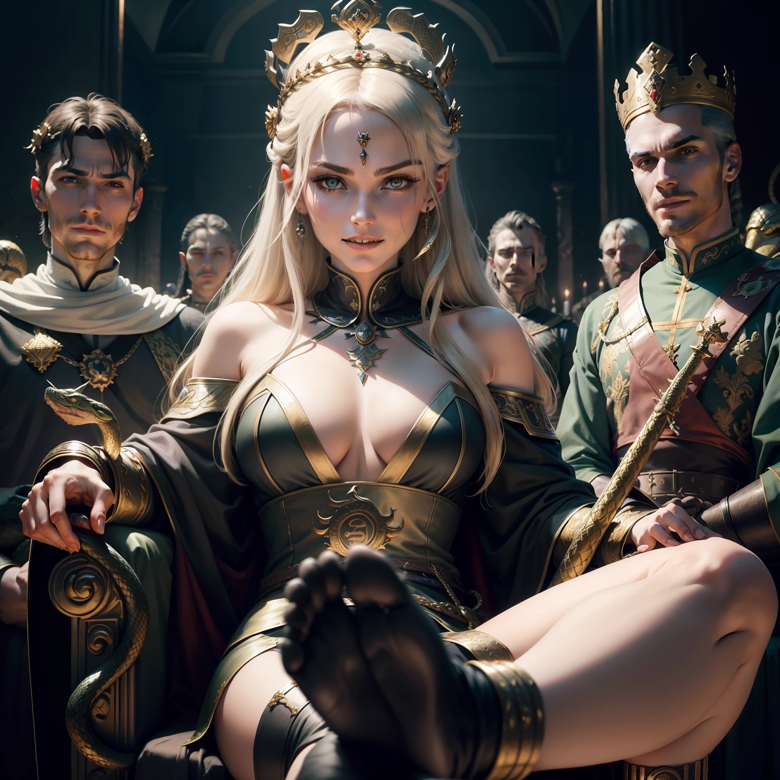 Realistic portrait of head wearing a crown of a snake, The smile is charming, dark castle, Sit in a sword chair, Serpentine decoration under the feet, Five Roman soldiers armed with swords revolved around it,Assault the woman, Dynamic images, Dreamy spring, The evil of the snake demon, Evil dependence, Thriller suspense, Focus gathering.