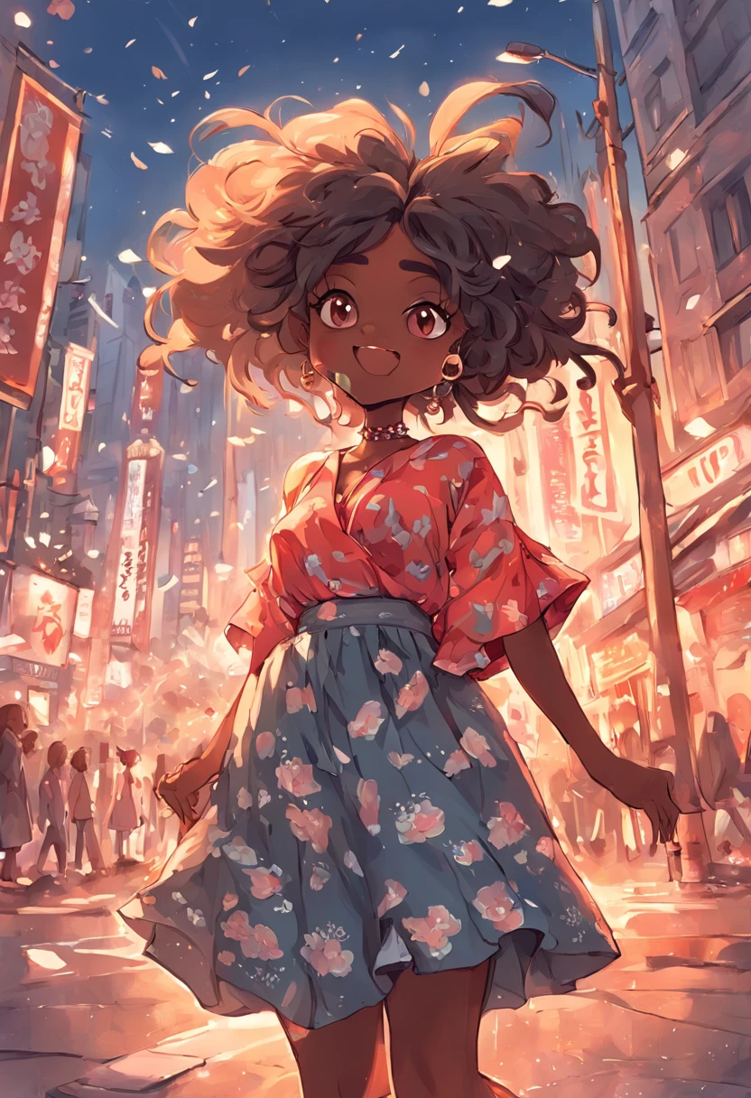 Happy  dark skin:1 Africa: 1.25 Pixar style: 1.25 Africa: 2.40 (((soio))) curlies: 2.3, (full bodyesbian: 2.32) Wearing floral dress with black shoes,, The hair was ruffled by the wind,bunny ears，Cartoon sitting on the streets of the city, beautiful detailed digital art, Drawing numbers cute, Cartoon style illustration, Stylized digital illustration, stunning digital illustration, beautiful digital art, digital cartoon painting art, 3D cartoon digital painting, Beautiful digital illustration, Children's art on the art station, detailed digital illustration, Detailed digital art, Digital illustration, Exquisite digital illustration, 8K, Chibi Digital | | | | | |