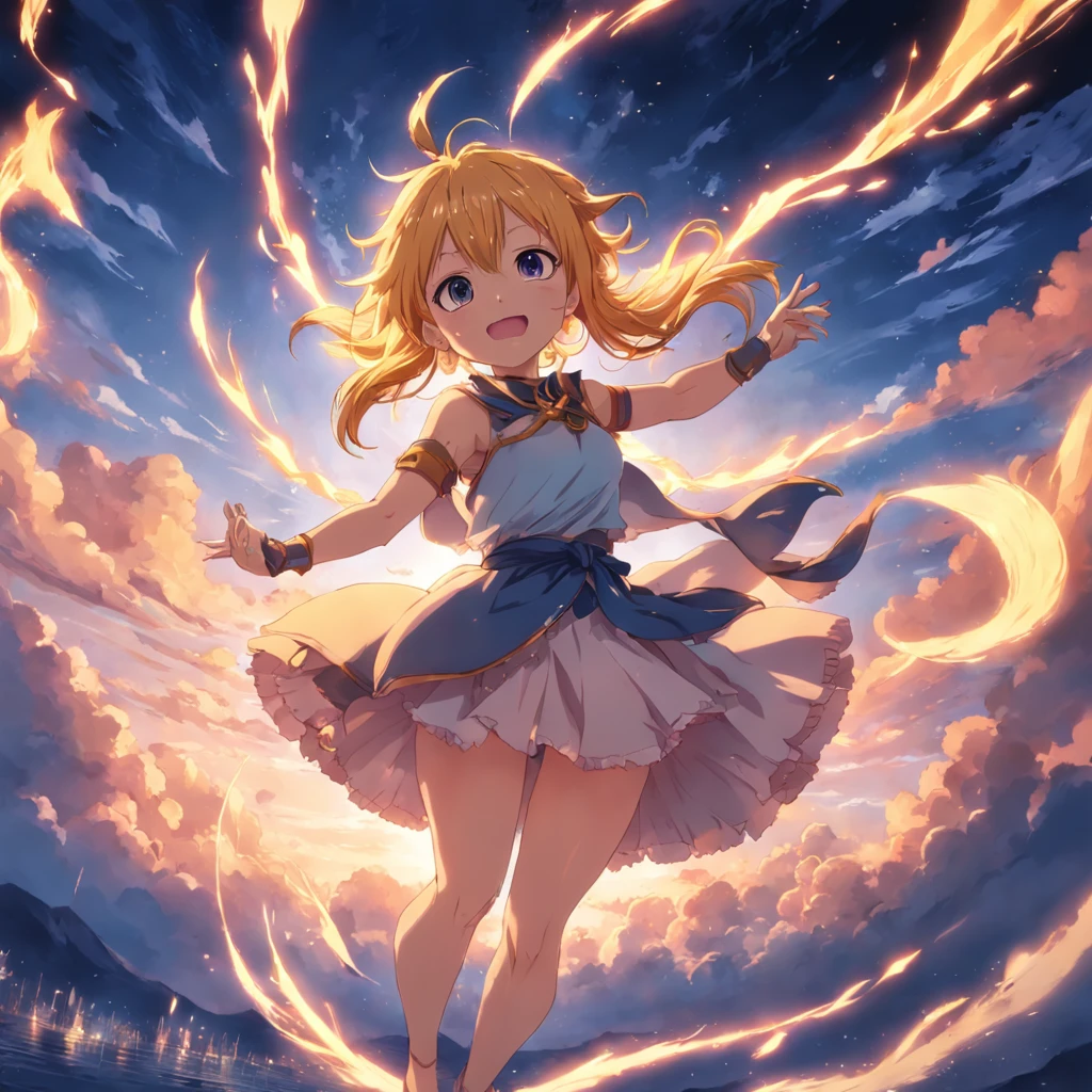 masterpiece, best quality, movie still, 1girl, cloud girl, floating in the sky, close-up, bright, happy, warm soft lighting, sunset, (sparks:0.7) Natsu from fairy tail