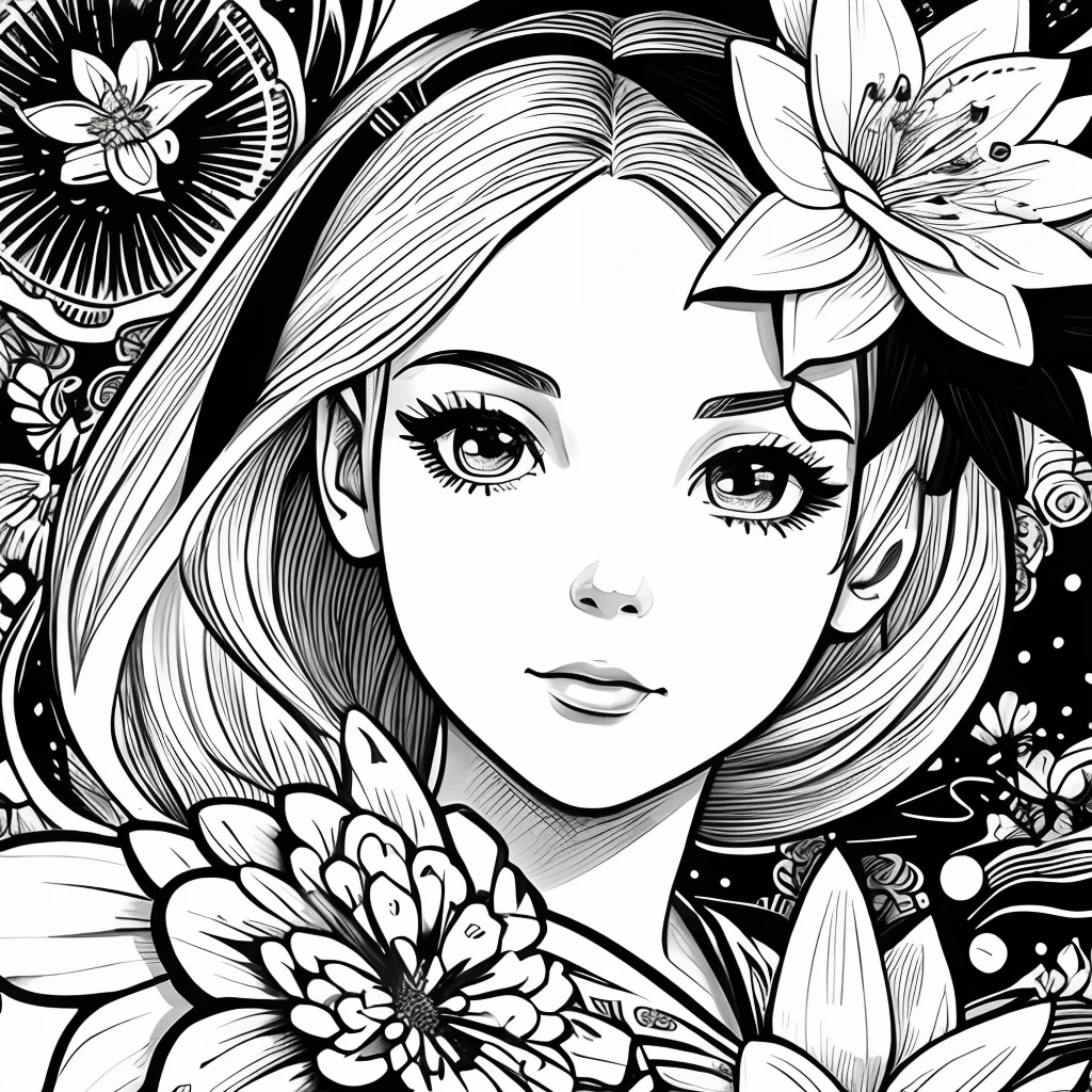 Black and white stick figure 1 girl with river lillies flower in background, in dress with flowers, its fine ink line art, comic style, portrait of ploynesian girl, Marilyn Munroe, Hollywood glam, beautiful line art, black and white comic style, manga style, manga art style, pencil and ink caricature drawing, black and white coloring