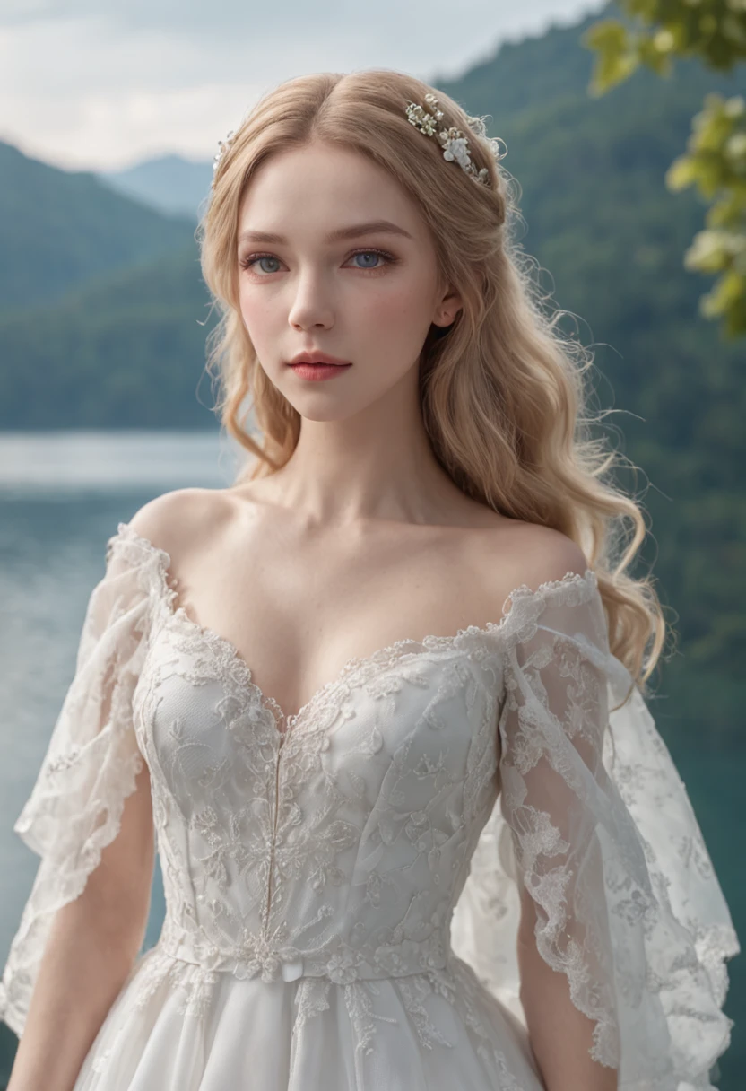 1 beautiful girl, (Realistic:1.3) (full bodyesbian:1.3), standing photo, Stand in front of the blue lake, White wedding dress, Soft dress, blond hairbl, Blue eyes, Wavy hair, Masterpiece, diffused soft lighting, Portrait, Best quality (Perfect face:1.4), Ultra-realistic highly detailed, complex and realistic simulation style photos, Cinematic lighting, studio shoot, Elegant Pose
