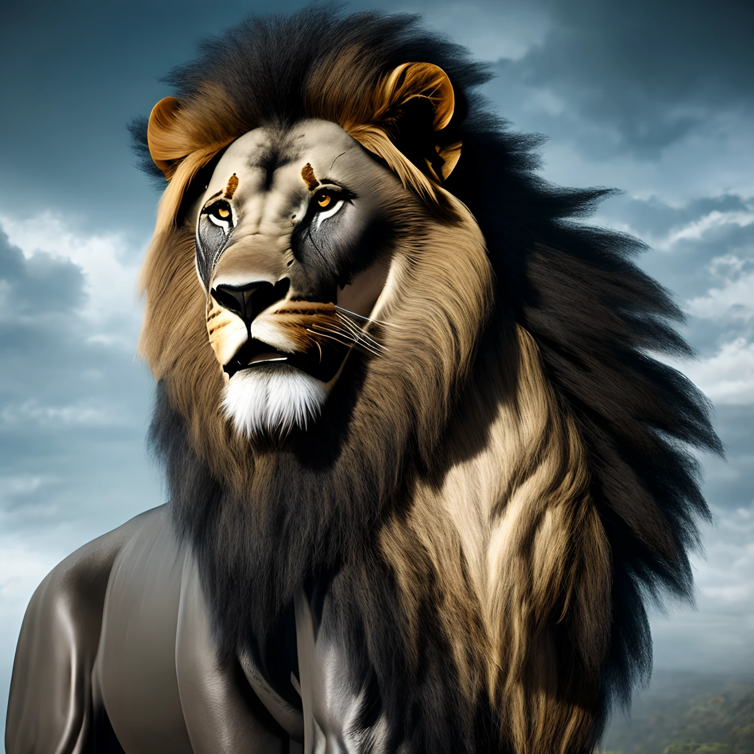 Super muscular black giant lion with big white hair, standing with white armor