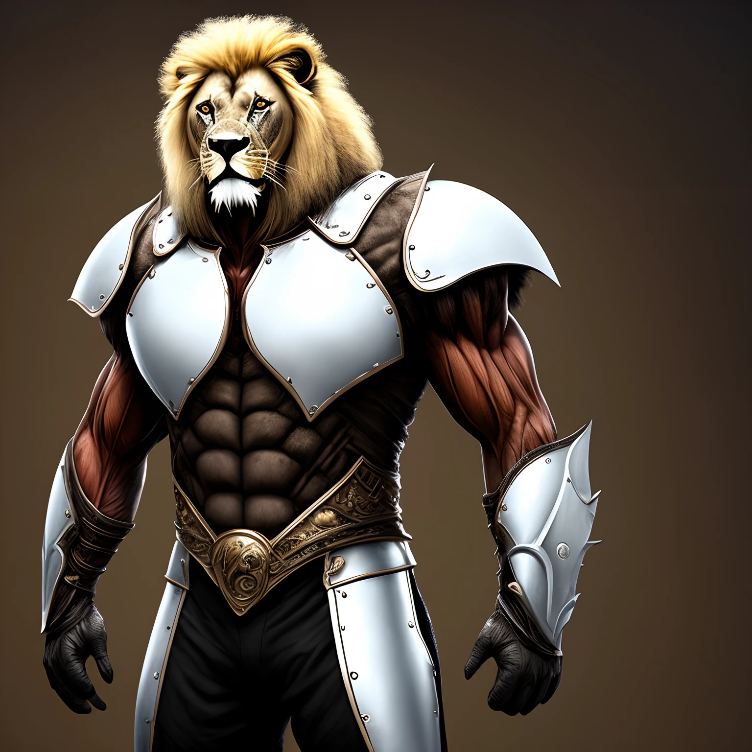 Super muscular black giant lion with big white hair, standing with white armor