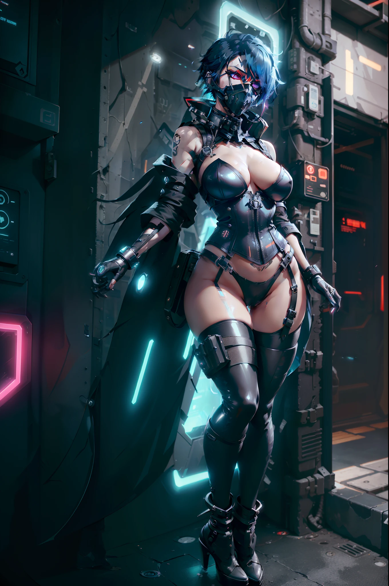 A beautiful woman posing confidently in a highly complex cyberpunk outfit. Intricate armored corset constructed from interlocking asymmetric metal plates in glossy black and chrome, with glowing neon piping tracing the seams. Multiple buckles and composite armor padding on shoulders and hips. Sheer metallic print leggings, with reinforced sides and utility pockets. Segmented armor across thighs and calves. Heeled boots with metal plating, straps and studs. Multi-layered collar neckguard integrating wired comms interfaces. Half-mask combines glowing crimson monoeye sensor, air filtration vents, and an angular facial projection system. Vibrant blue hair in an undercut style, blowing in the wind