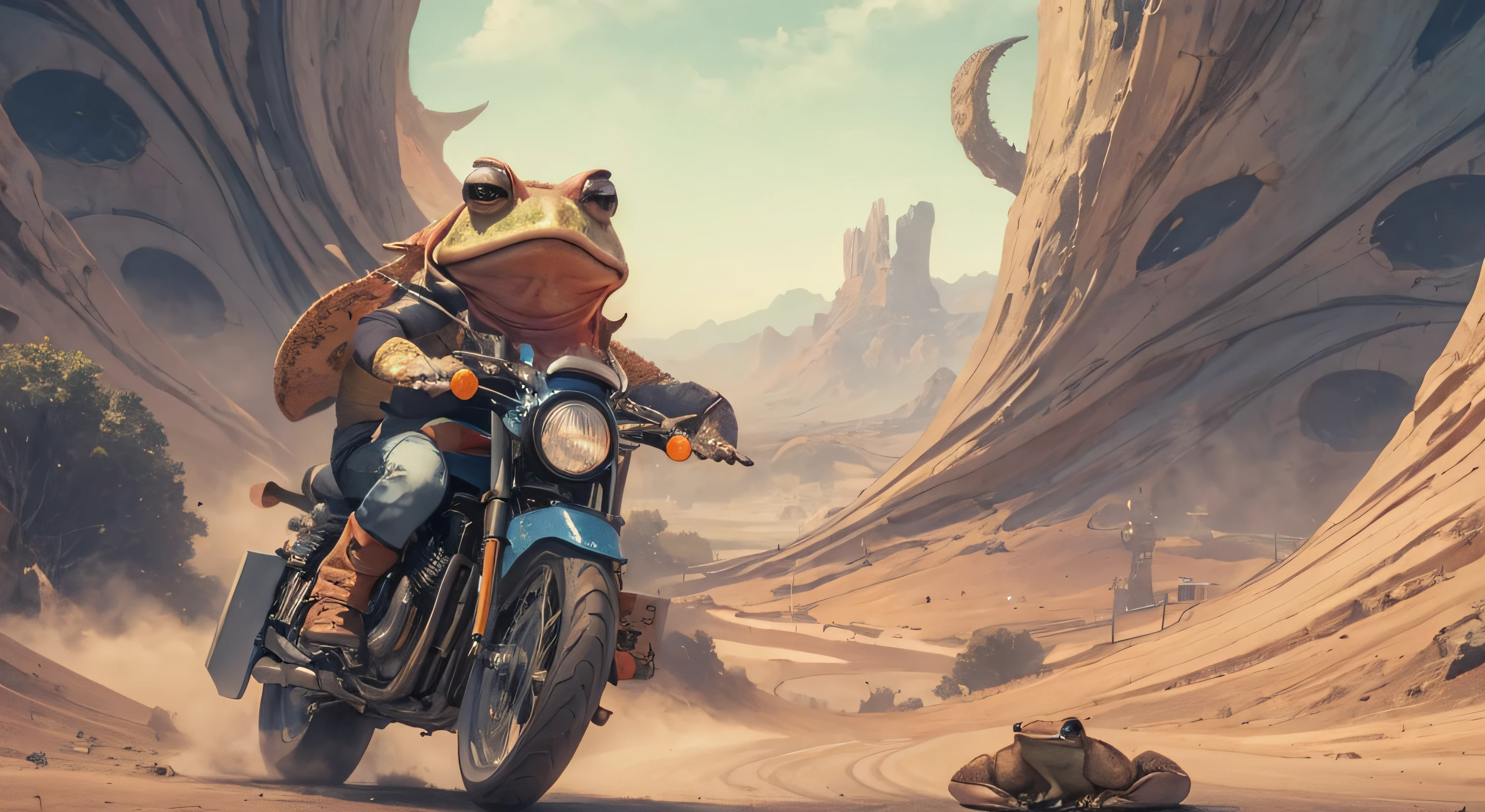 (((toad lord))) on a motorcycle, pepe, black sunglasses, long pink hair, volumetric light, (masterpiece), jet bike, background: desert, gigantic monster worms, aerial view