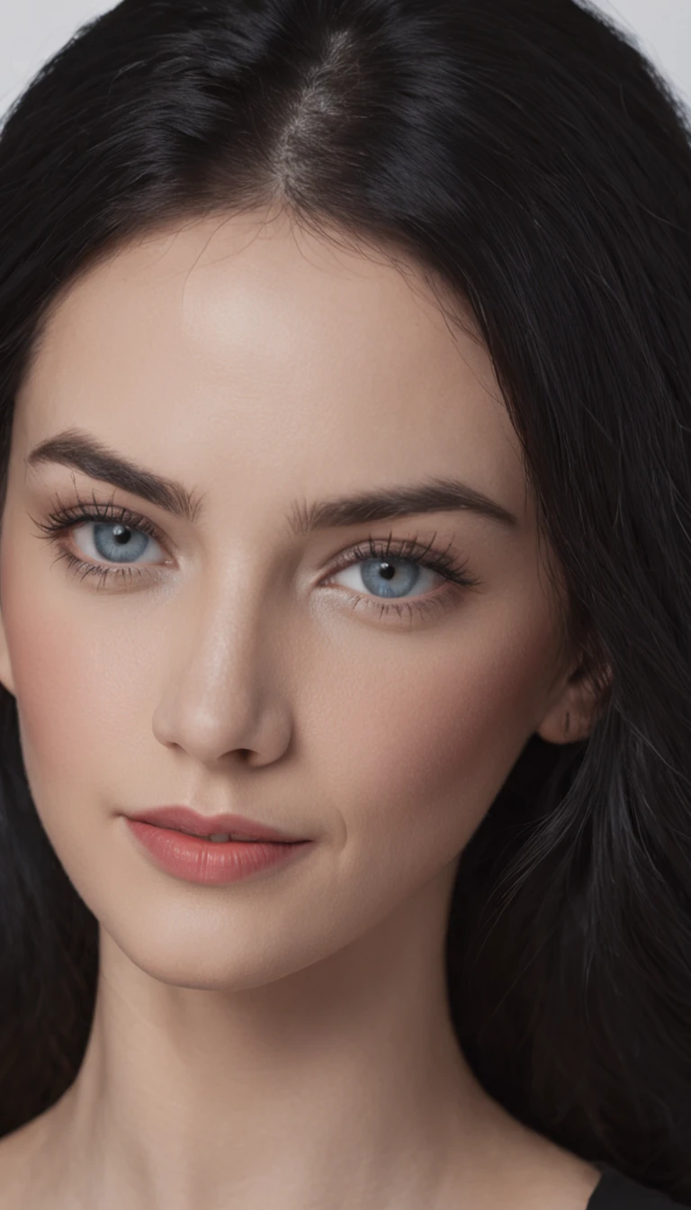 Close-up photo of woman with black hair, Strong blue eyes，com um brilho intenso, Thick and dark eyebrows, A well-made face, and lips with red lipstick. She wore a black wool shirt. The environment is a photography studio，Has a perfect black background and impeccable lighting. Woman smiling happily for the photo.

This photograph captures the woman's charming facial features up close. Movie lighting highlights her black hair，And brought out the glow of her intense blue eyes, creating a mesmerizing effect. Unreal Engine ensures photorealistic quality, Makes her look almost lifelike.

Her black hair adds a touch of uniqueness to her appearance, Her bold eye makeup and red lipstick enhance her facial features with confidence and style.

The black wool shirt she wore contrasted with her fair complexion, Create eye-catching visual appeal. The woman's happy smile adds warmth and approachability to the photo.

The photography studio's meticulously crafted lighting ensures every detail of women's makeup, Hair, Clothing is displayed accurately. The camera chosen for this photo captured the intricate details of her expression and features.

The result is a visually appealing image，The vibrant personality and beauty of women are captured in medium close-ups. The combination of her unique appearance and studio setup makes the photos stand out with realism and glamour