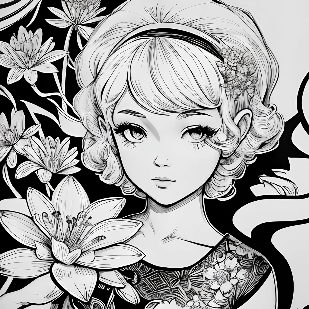 Black and white stick figure 1 girl with river lillies flower in background, loli in dress with flowers, its fine ink line art, comic style, portrait of ploynesian girl, Marilyn Munroe, Hollywood glam, beautiful line art, black and white comic style, manga style, manga art style, pencil and ink caricature drawing, black and white coloring