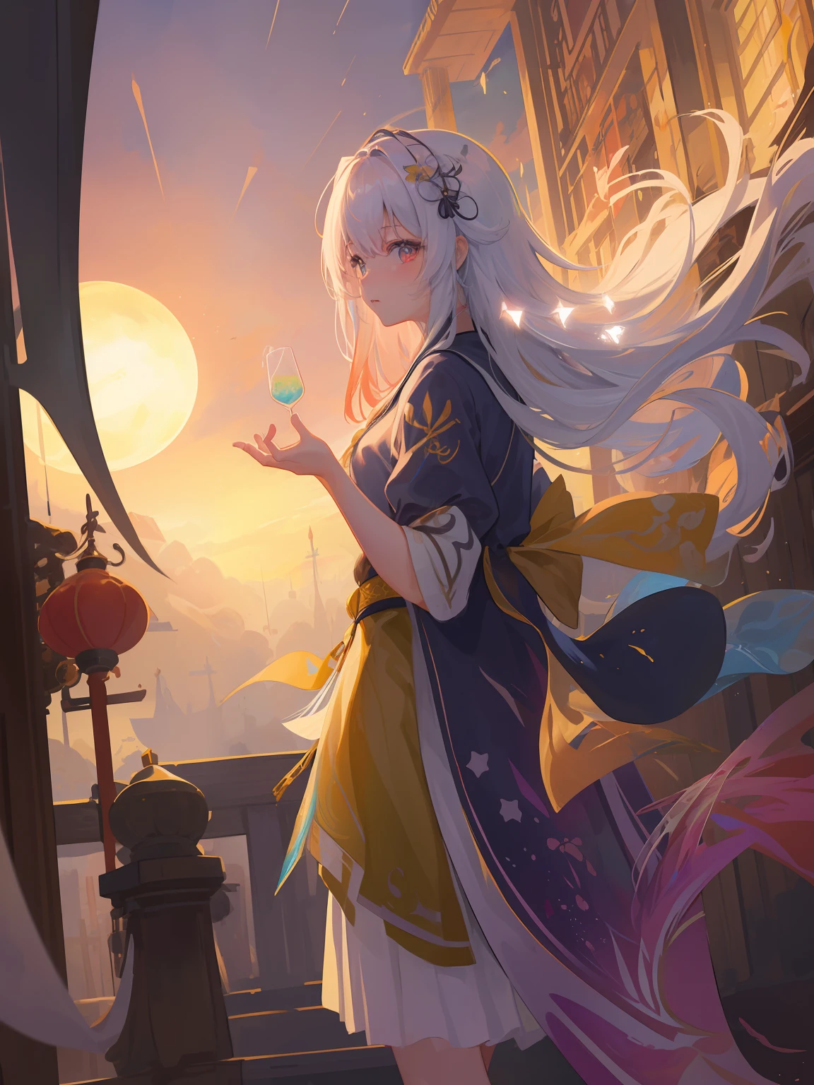 (8k, RAW photo:1.2), best quality, ultra high res,dramatic angle,(fluttered detailed color splashs), (illustration),(((1 girl))),(long hair),(rain:0.9), (头饰:1.4),少女身边有一座古宫,汉服,(重点),彩色水墨画,(泼彩),泼彩,(((colorful))),(素描:0.8) , Masterpiece, best quality, beautiful painted, highly detailed,(denoising:0.6),[splash ink],((ink refraction)), (beautiful detailed sky),moon,highly,detaild,(masterpiece, best quality, extremely detailed） CG unity 8k壁纸，杰作，最好的质量，超详细），（石蒜），