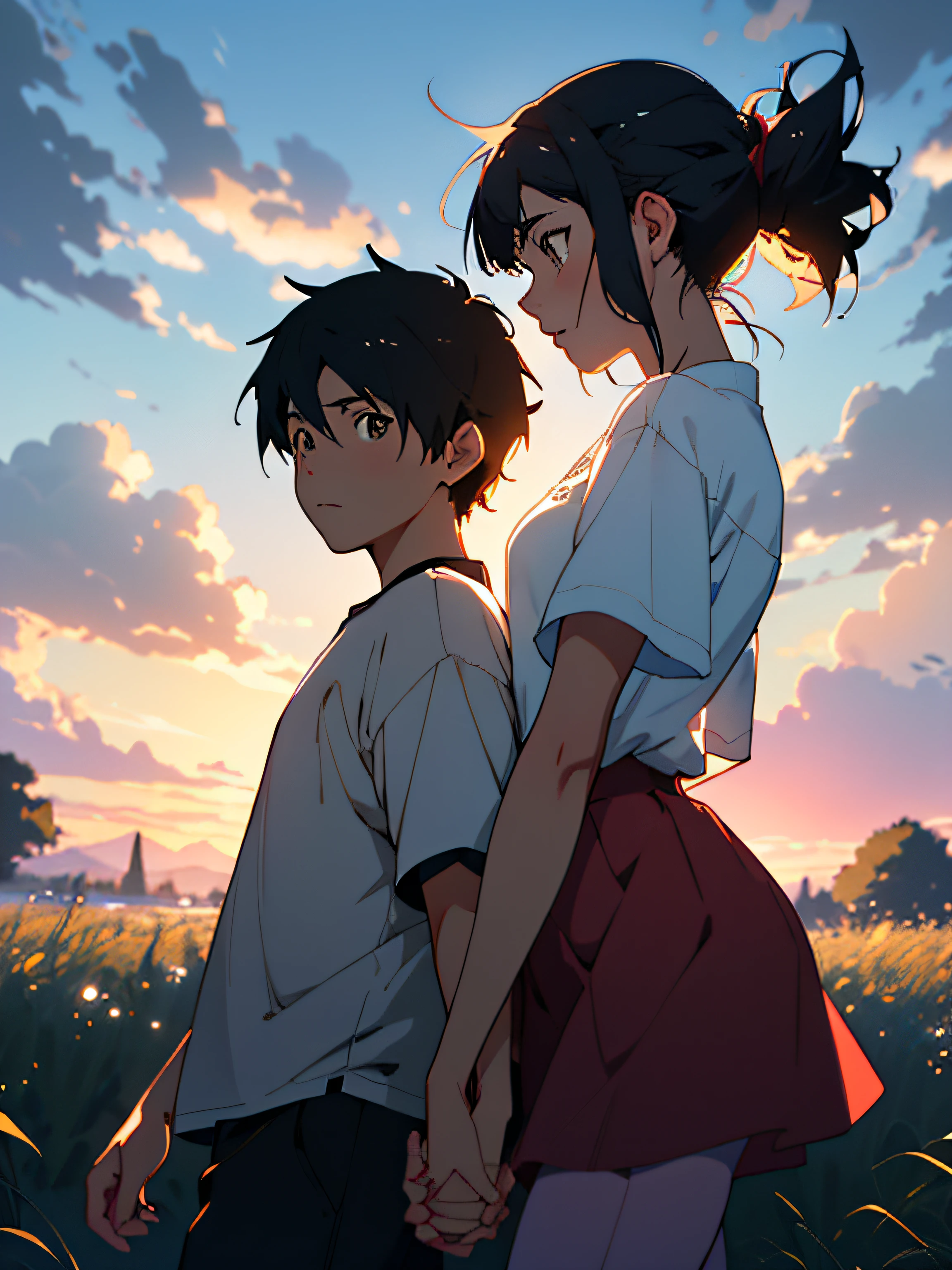 Anime couple walking in the field, (boy + girl), watery big eyes, (delicate and beautiful facial features), is the ultimate gentle beauty, the romantic atmosphere is very strong, the two (hand in hand) walking head-on, (from far and near), (facing the audience), (character shot close-up)), the boy looks at the girl affectionately and tenderly, ((behind is a beautiful sunset)), (girl white shirt with red skirt), (boy white T-shirt with black pants), exquisite clothing, beautiful, delicate, beautiful, Charming and moving, girl hair coiled behind her head, (coiled hair), messy bangs, big watery eyes, light brown eyes, fields dominated by (((amber)) and golden yellow, official art, guweiz and Makoto Shinkai, by Hiroshi Yamagata, Sakimichan and Makoto Shinkai, by Nobuta Yanagawa, style in Ghibli animation style, fiona staples and Makoto Shinkai, style by Makoto Shinkai, masterpiece, master painting, HD, 8K resolution