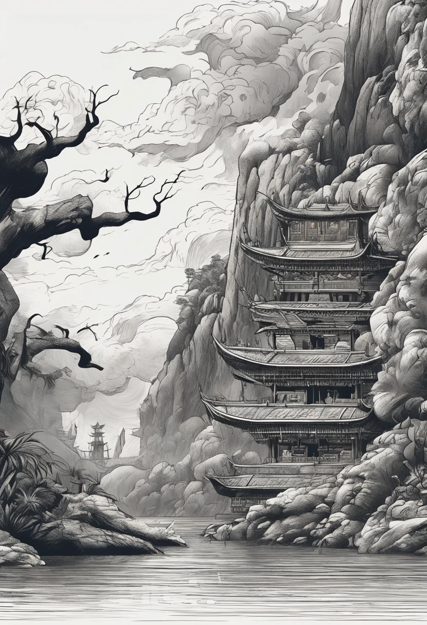 Bare back,Close-up of back tattoos,Cloud effects:1.5,drak,samurais,solo,Cascades waterfalls background,medium and close-up,super detailing,tattoo art