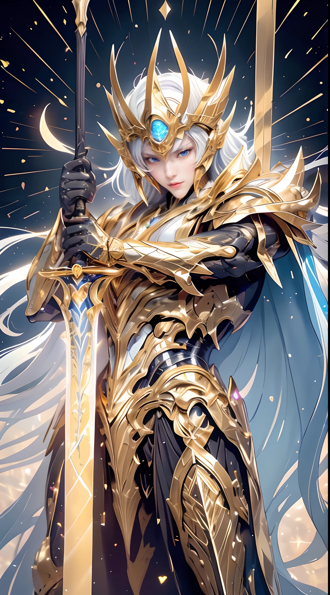 An awe-inspiring paladin wearing golden armor, wielding a sword imbued with radiant light, and holding a golden giant shield. The paladin’s blue eyes shine with determination as they navigate through the dark and mysterious cityscape. The glow of the paladin’s sword illuminates the surroundings, revealing intricate details and adding a cinematic touch to the composition. The overall aesthetic captures the beauty and depth of the scene, reminiscent of Fujifilm photography.