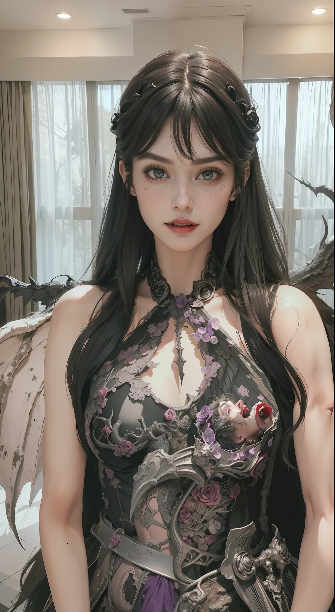 Fine matte paint,Skeleton Dark Angel, Haunted castle with large wings, Fill the drawing table with a knife,terroral,uncanny,horrid,secret terror,tentaculata,grape trees,The eye,uncanny valley effect teeth,all fours,Critters,Blood Moon,Sharp fangs,vampire tooth,Blood