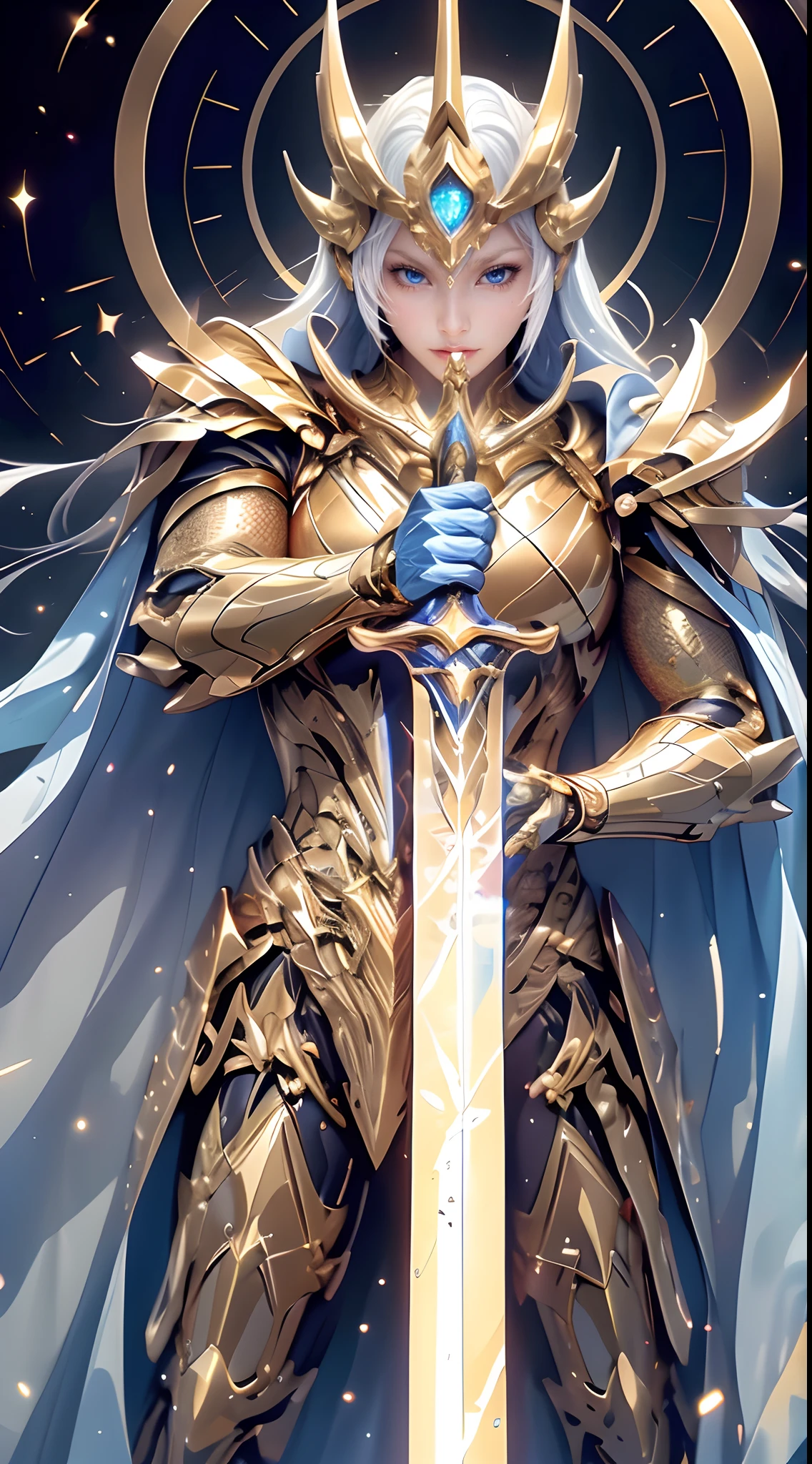 An awe-inspiring paladin wearing golden armor, wielding a sword imbued with radiant light, and holding a golden giant shield. The paladin’s blue eyes shine with determination as they navigate through the dark and mysterious cityscape. The glow of the paladin’s sword illuminates the surroundings, revealing intricate details and adding a cinematic touch to the composition. The overall aesthetic captures the beauty and depth of the scene, reminiscent of Fujifilm photography.