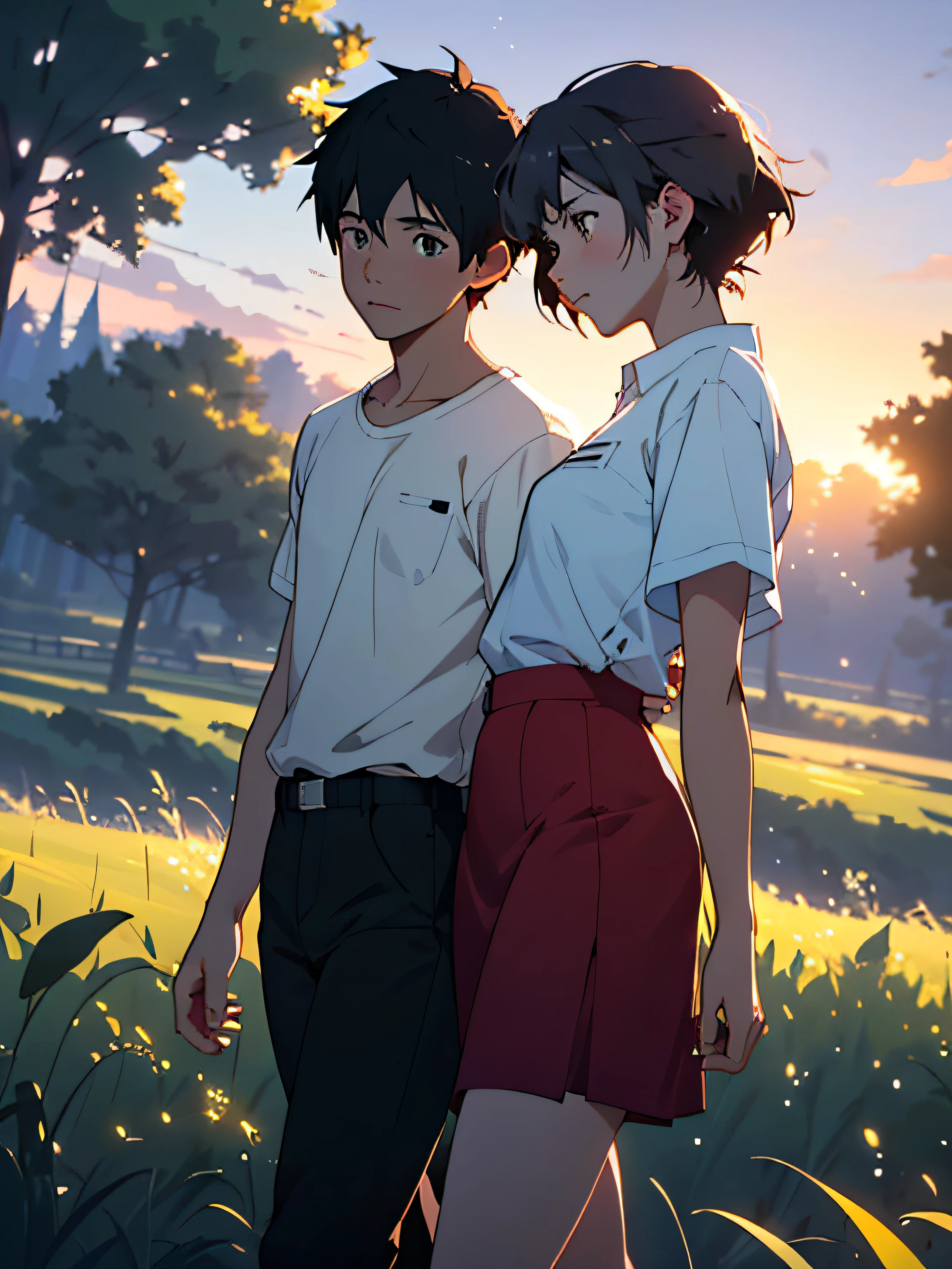 Anime couple walking in the field, (boy + girl), watery big eyes, (delicate and beautiful facial features), is the ultimate gentle beauty, the romantic atmosphere is very strong, the two (hand in hand) walking head-on, (from far and near), (facing the audience), (character shot close-up)), the boy looks at the girl affectionately and tenderly, ((behind is a beautiful sunset)), (girl white shirt with red skirt), (boy white T-shirt with black pants), exquisite clothing, beautiful, delicate, beautiful, Charming and moving, girl hair coiled behind her head, (coiled hair), messy bangs, big watery eyes, light brown eyes, fields dominated by (((amber)) and golden yellow, official art, guweiz and Makoto Shinkai, by Hiroshi Yamagata, Sakimichan and Makoto Shinkai, by Nobuta Yanagawa, style in Ghibli animation style, fiona staples and Makoto Shinkai, style by Makoto Shinkai, masterpiece, master painting, HD, 8K resolution