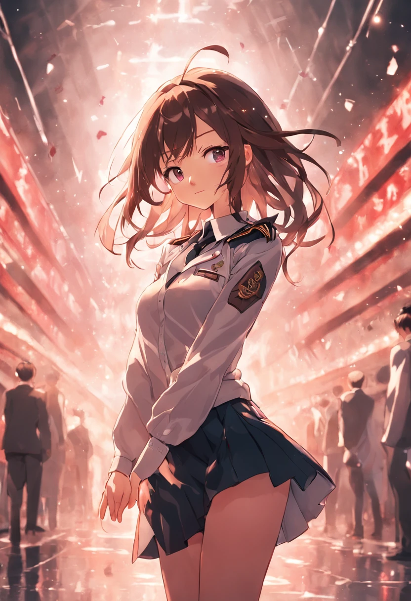 realskin,25 age old,校服,Pilot uniform,Brown hair,Wavy hair,poneyTail,Bust circumference 88cm,Beautiful body and style,white y shirt,Open shirt on chest,Black tight skirt,sexyposture。