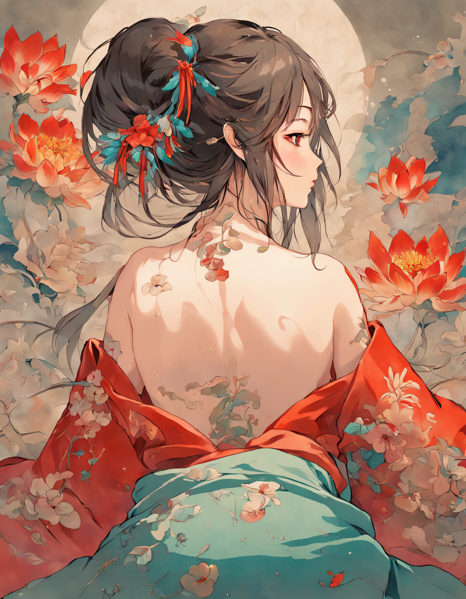 Ancient China had a woman's back, back of head,Expose the back and waist,above waist,There is a flower tattoo on the bare back,Red and blue-green flowers, Recline on the bed,ukiyo-style, Guviz-style artwork, Guviz, Alphonse mucha and rossdraws, A beautiful artwork illustration, By Li Song, by Yang J, author:Zou Zhe, By Zeng Jing, by Ye Xin, author:Shitao, author:Zhou Fang, korean art nouveau anime