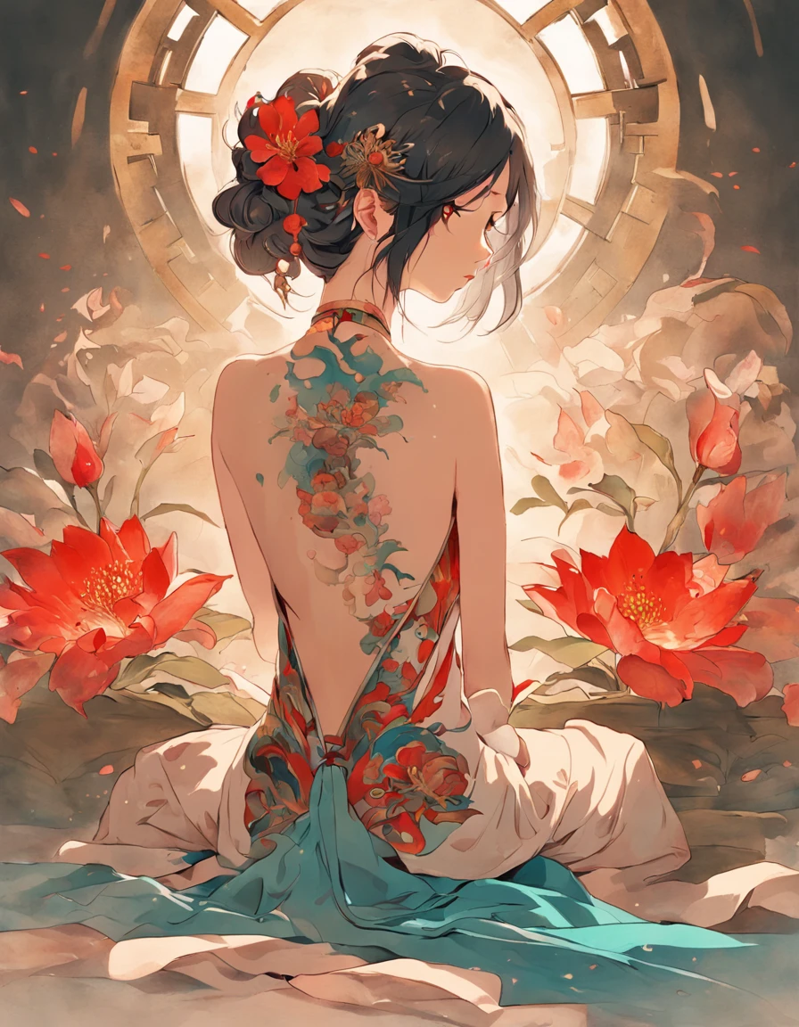Ancient China had a woman's back, back of head,Expose the back and waist,above waist,There is a flower tattoo on the bare back,Red and blue-green flowers, Recline on the bed,ukiyo-style, Guviz-style artwork, Guviz, Alphonse mucha and rossdraws, A beautiful artwork illustration, By Li Song, by Yang J, author:Zou Zhe, By Zeng Jing, by Ye Xin, author:Shitao, author:Zhou Fang, korean art nouveau anime