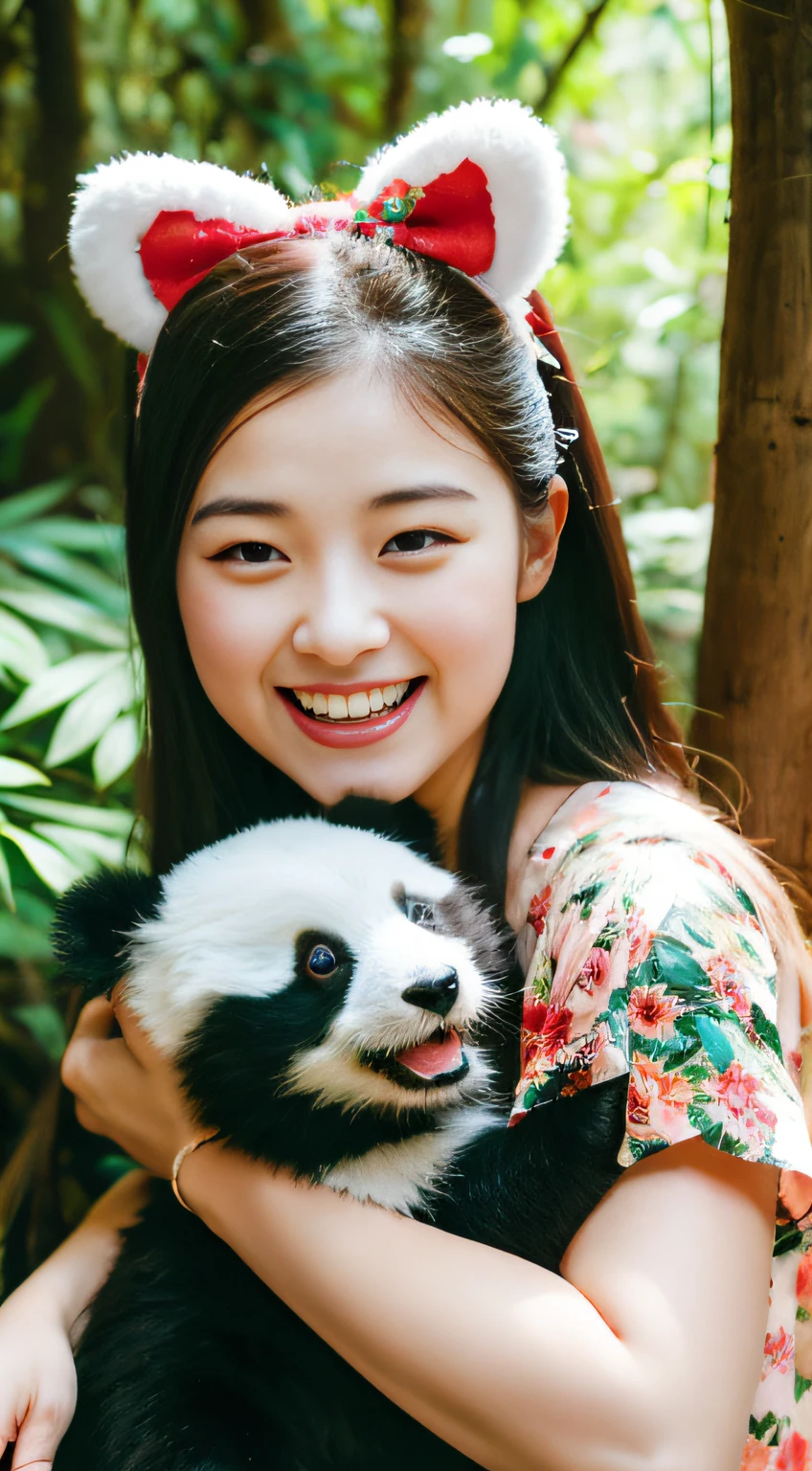 20-year-old woman in floral dress with bow on head,Laughing with white teeth、Healed face、Holding a baby panda in his lap,Side Angle,Forest background,Vibrant colors 16k ultra-realistic details
