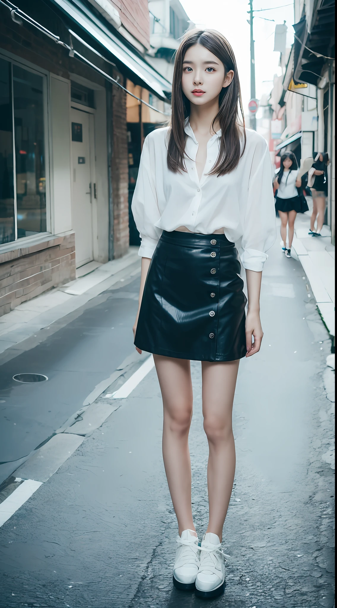 top Quority，Ultra-clear resolution，Clear  eyes，plain face，s the perfect face，White skin，Perfect chest，with perfect legs，Long legs，Short black style skirt，Random environment