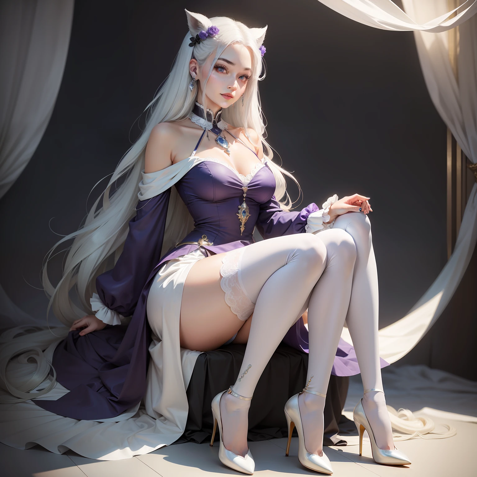 A woman who is，Standing，Height 178cm，Bust 100 cm，Waist circumference 60cm，Hip circumference 75 cm，The leg length is 118 cm，He has thick white hair on his head，to the waist，The eyes are blue-purple，Danfeng Eyes，A smile appeared on her face，A pair of earrings are worn on the ears，Silver，There is a thin necklace around the neck，Silvertone，Wearing a dress，The white，Reach out slightly，With a pair of gloves on his hands，She wears 14D white stockings on her legs，He has high heels on his feet。