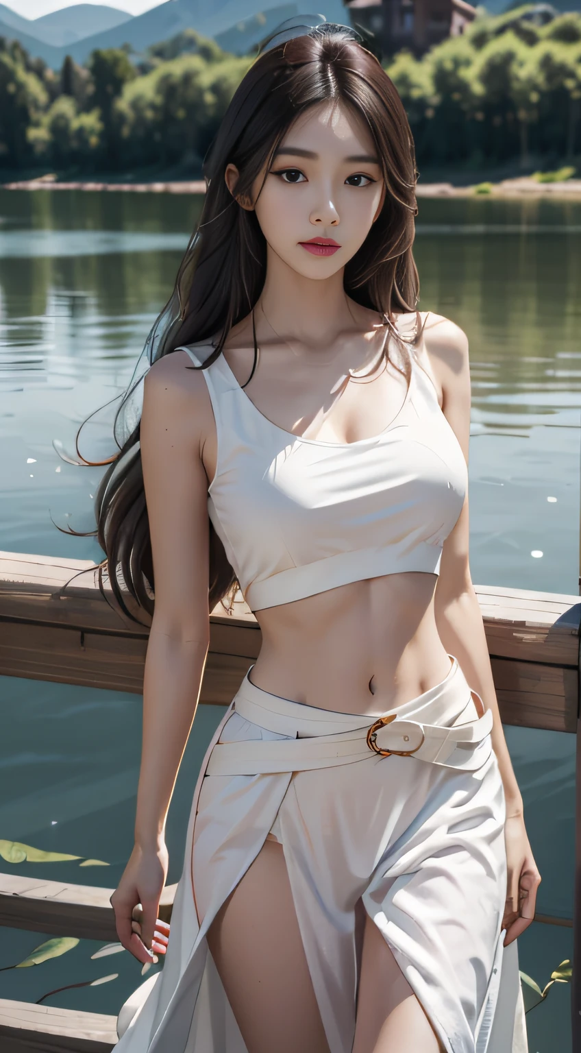 1个Giant Breast Girl,mesmerizing eyes,Long hair,Open navel,White sleeveless top,White flowing skirt,Green Belt,A calm posture,Porcelain-like skin,Subtle blush,Crystal Pendant BREAK Prime Time,(edge lit):1.2,a warm color palette,sunflare,soft shade,vivd colour,painterly effect,Fantastic atmosphere , Scenic lake,Far Mountain,willowy,Calm water surface,Reflectors,Sunlit clouds,tranquil ambiance,Idyllic sunsets,ultra - detailed