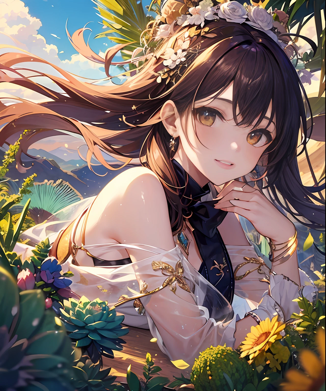 (((masterpiece)))、(((top-quality)))、((ultra-detailliert))、(illustratio)、((extremely delicate and beautiful))、、Bright smile、floating、red hairs、(Detailed light) (1girl in)、、独奏、The long-haired、The wind is blowing、A WORLD、In nature、(A desert)、(cute eye)、Yellow sand in the sky,The background is a vast desert, Desert Oasis,,Succulents,