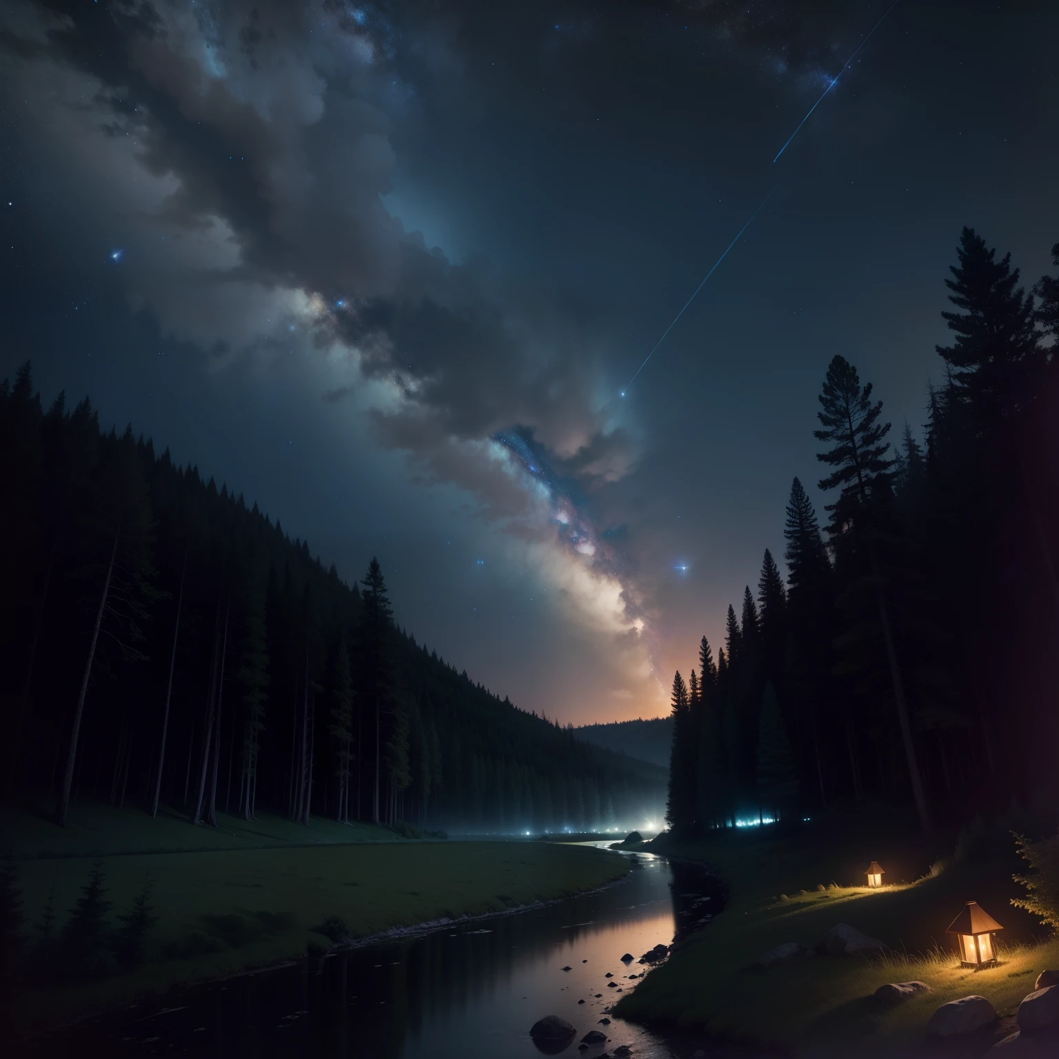 Beautiful night sky, forest below, small stream running through forest, bright shooting star crossing the sky