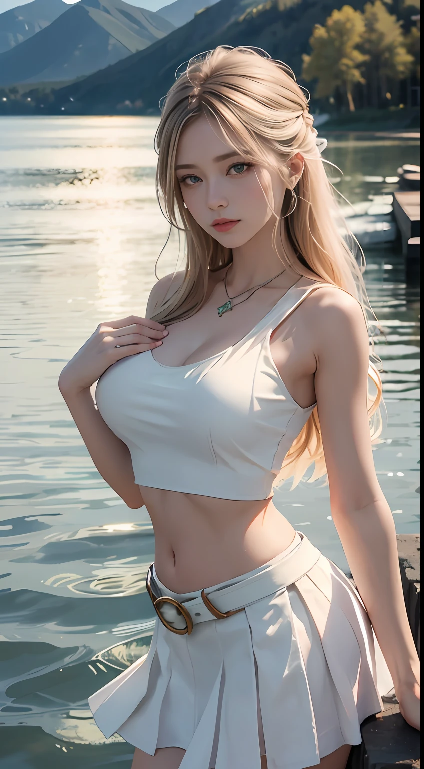 (Masterpiece, realistic, high resolution), (1 girl): 1.2),sitting on big rock at mountain valley,big rock at background, (( long white hair): 1.3), (heterochromic eyes: 1.1, thick eyebrows, small moles under the eyes), (loose white shirt, red sports shorts), ((huge breasts): 1.2, thighs),cleavage,