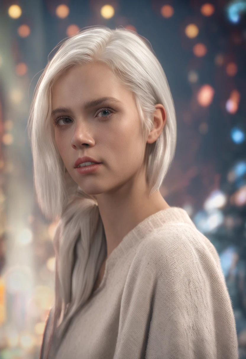 ((Masterpiece), best quality, HDR,UHD,8K), expressive eyes, perfect face, 1girl, solo, medium white bob hair with tiny pigtails and long side-swept bangs, black eyes, white skin, white sweater,