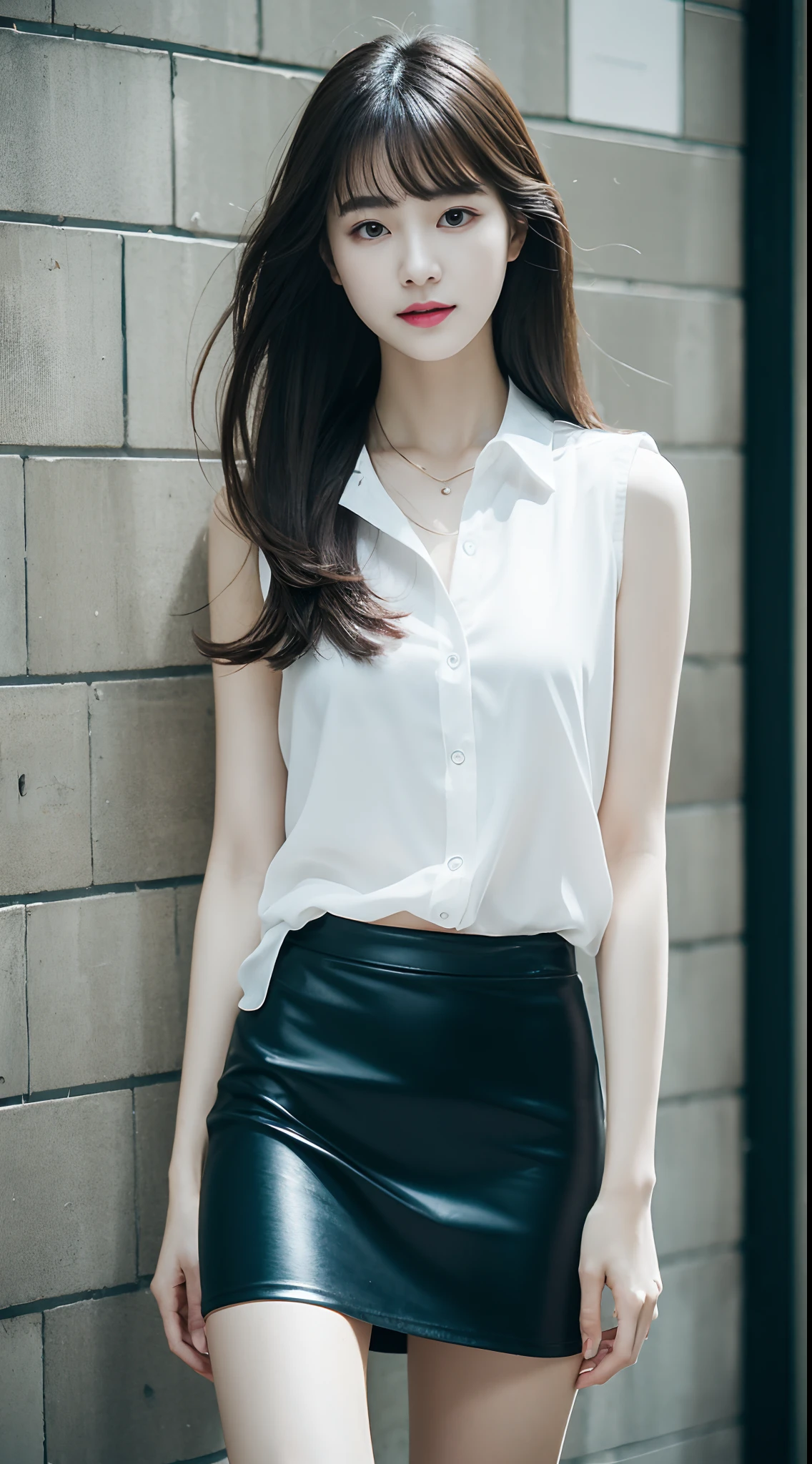 top Quority，Ultra-clear resolution，Clear  eyes，plain face，s the perfect face，White skin，Perfect chest，with perfect legs，Long legs，Short black style skirt，Random environment