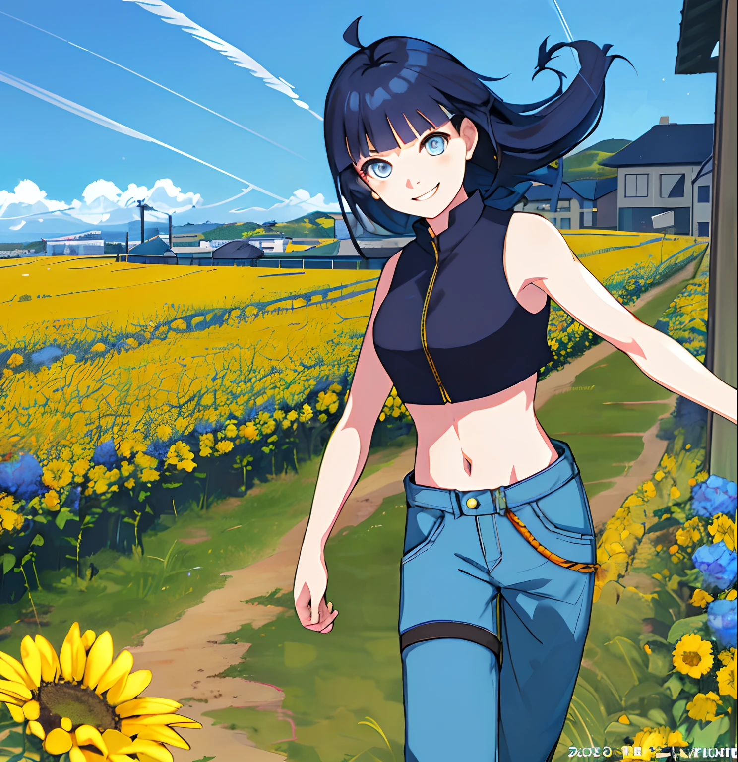 (high-quality, breathtaking),(expressive eyes, perfect face), short, young girl, long dark blue hair, blue eyes, smiling, crop top, long pants, urban setting, sunshine, blue sky, shine, glow, yellow flowers, blunt bangs, himawari uzumaki, long hair.