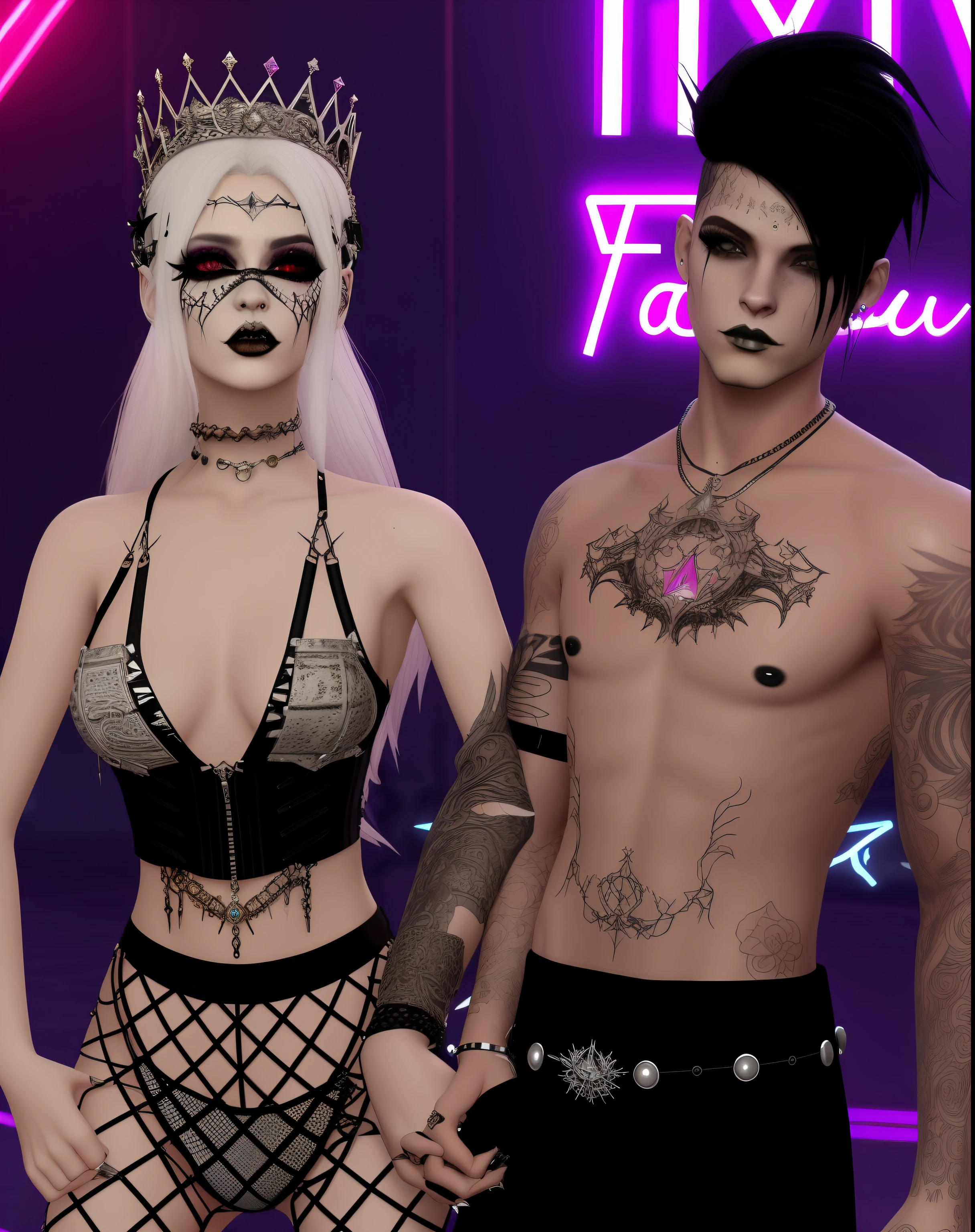 there are two people with a crown on their heads, imvu, dressed in crustpunk clothing, cybergoth, punk party, lizard king / queen forgiveing, gothic harts, mall goth, goth, vampire fashion, cyber punk setting