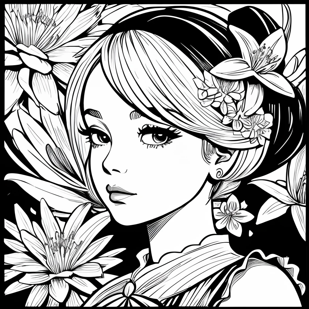 Black and white stick figure 1 girl with river lillies flower in background, loli in dress with flowers, its fine ink line art, comic style, portrait of ploynesian girl, Marilyn Munroe, Hollywood glam, beautiful line art, black and white comic style, manga style, manga art style, pencil and ink caricature drawing, black and white coloring