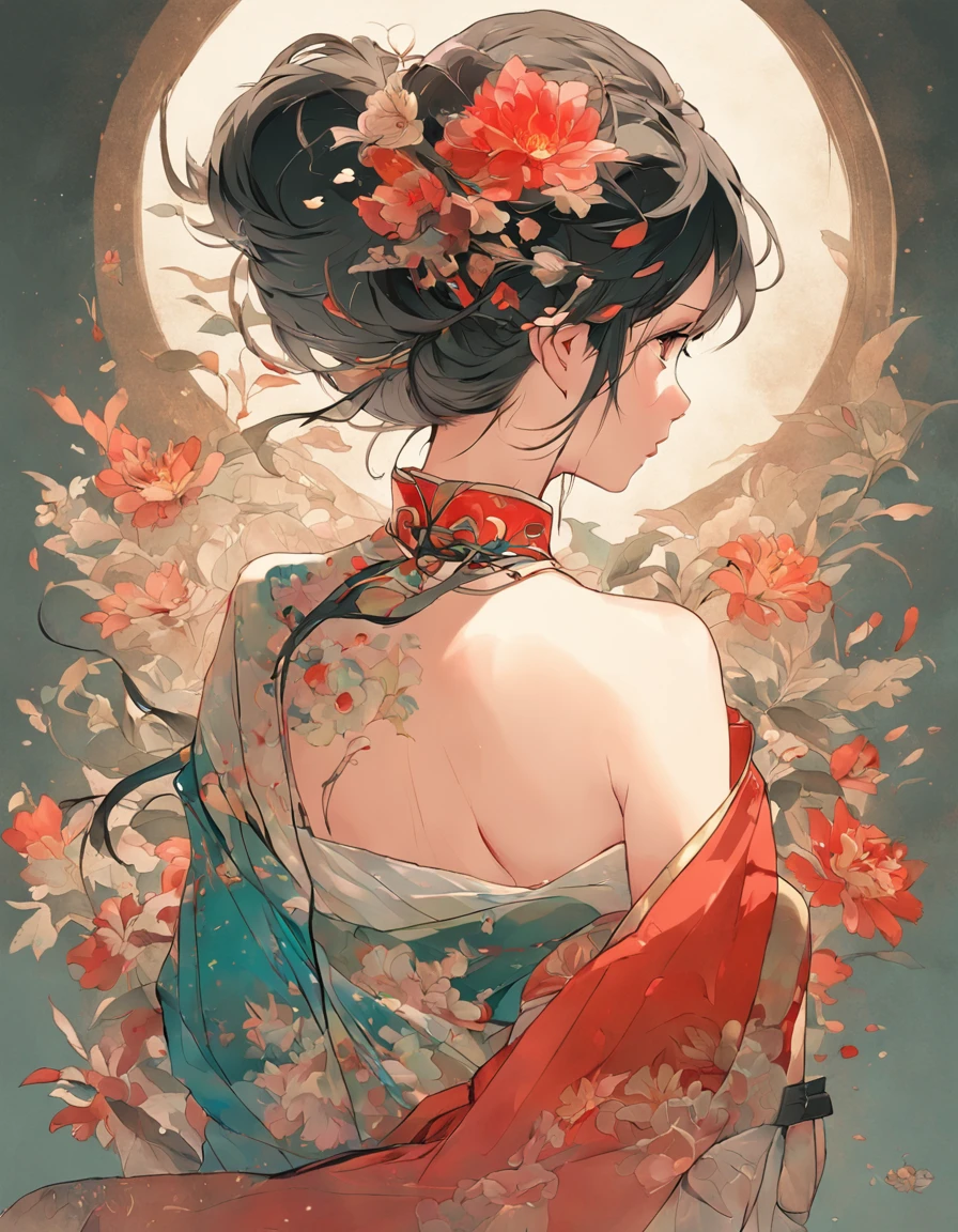 Ancient China had a woman's back, back of head，Expose the back and waist，above waist，There is a flower tattoo on the bare back，Red and blue-green flowers, Recline on the bed，ukiyo-style, Guviz-style artwork, Guviz, Alphonse mucha and rossdraws, A beautiful artwork illustration, By Li Song, by Yang J, author：Zou Zhe, By Zeng Jing, by Ye Xin, author：Shitao, author：Zhou Fang, korean art nouveau anime