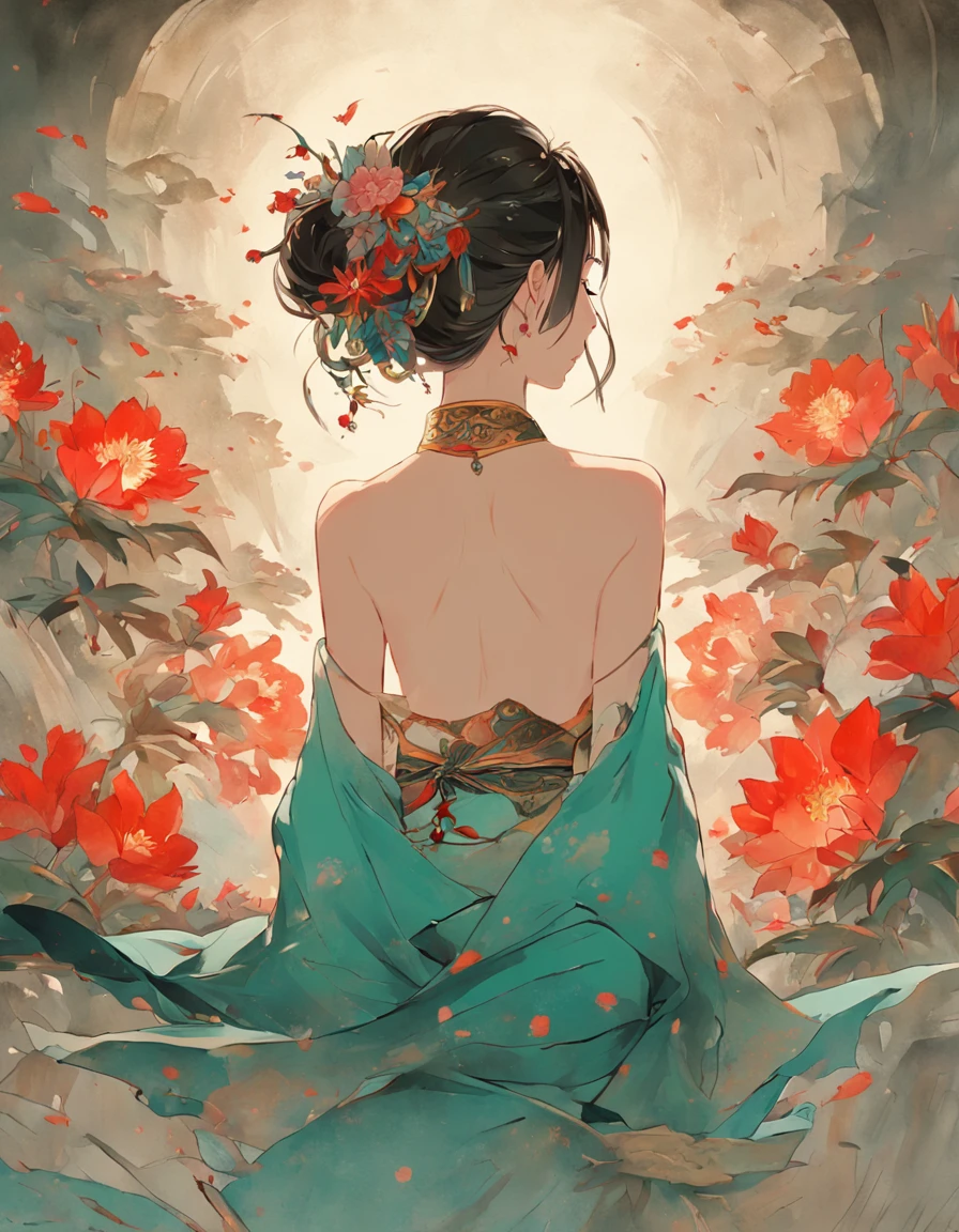 Ancient China had a woman's back, back of head,Expose the back and waist,above waist,There is a flower tattoo on the bare back,Red and blue-green flowers, Recline on the bed,ukiyo-style, Guviz-style artwork, Guviz, Alphonse mucha and rossdraws, A beautiful artwork illustration, By Li Song, by Yang J, author:Zou Zhe, By Zeng Jing, by Ye Xin, author:Shitao, author:Zhou Fang, korean art nouveau anime