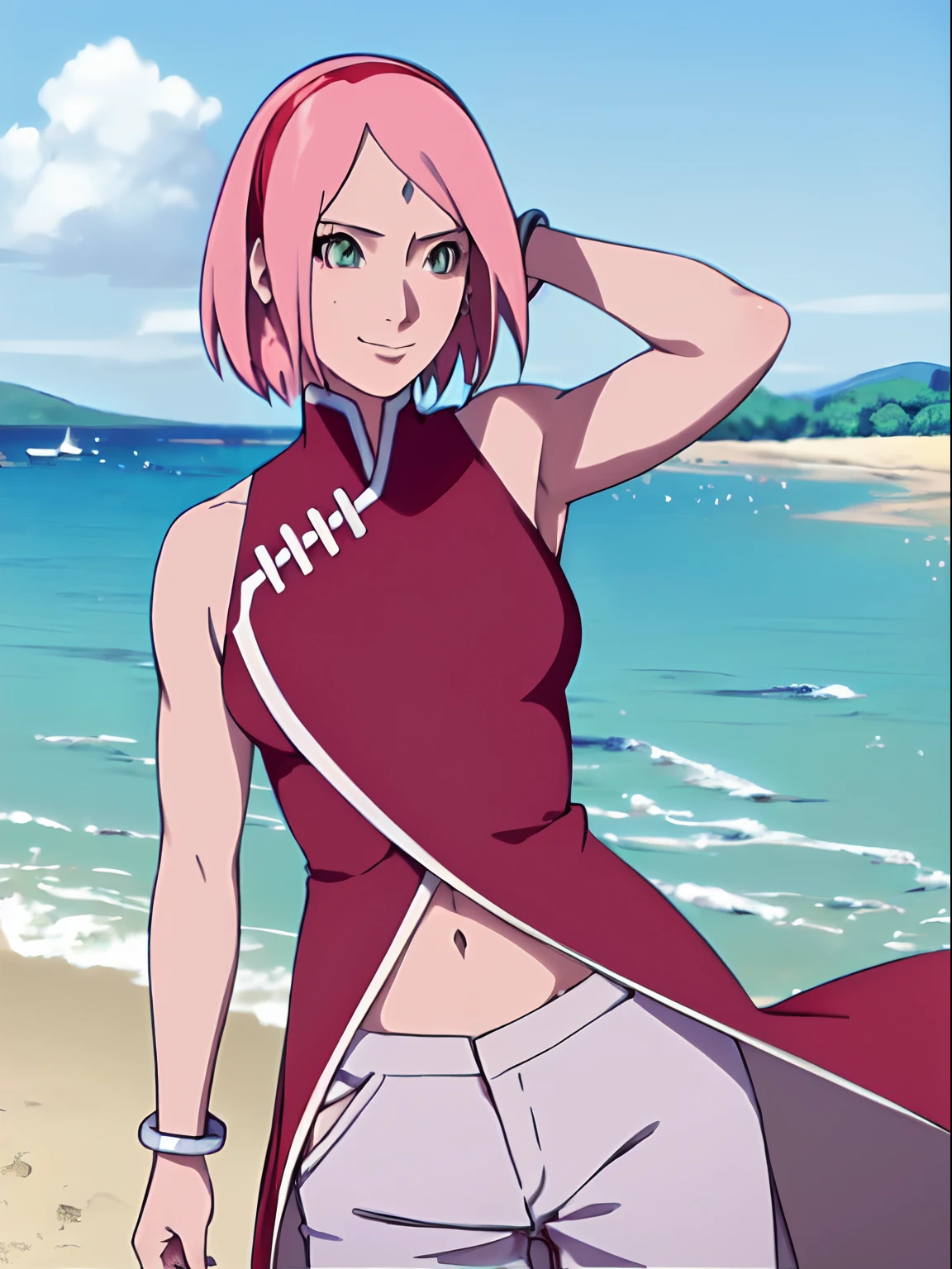 masterpiece, 4k, portrait, face shot, professional artwork, detailed beach background, intricate details, colorful, digital blending, (ultra detailed body, ultra detail hair, ultra detail face), trending on pixiv, kind smile, best quality, anime style: 1.9, 1girl, hires, haruno sakura, (forehead mark, milf, red hairband, pale skin, short hair, ((red sleeveless dress), white pants), (navel, belly button, bracelet, pink hair), smile, beach, wind, floating hair, detailed arms, off-shoulders, broad shoulders, slightly muscular arms, (dirty armpits, armpit pocket), standing)