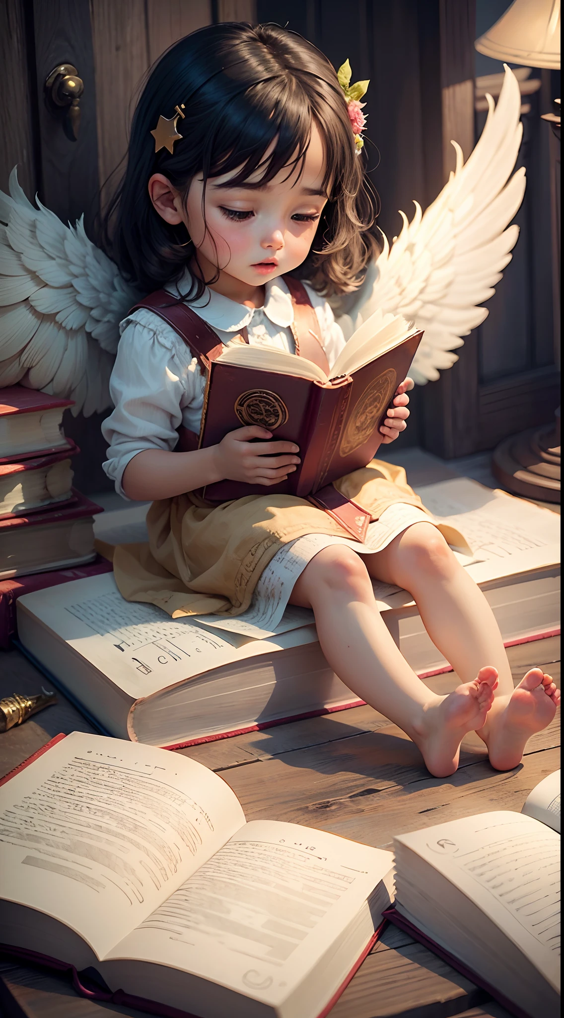 Make a little child with wings holding the holy Bible, uma imagem para capa de livro infantil