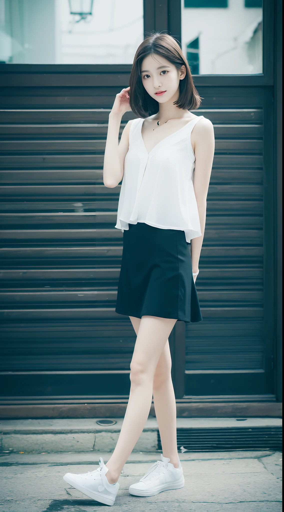 top Quority,Ultra-clear resolution,Clear eyes,plain face,s the perfect face,White skin,Perfect chest,with perfect legs,Long legs,Short black style skirt,Random environment
