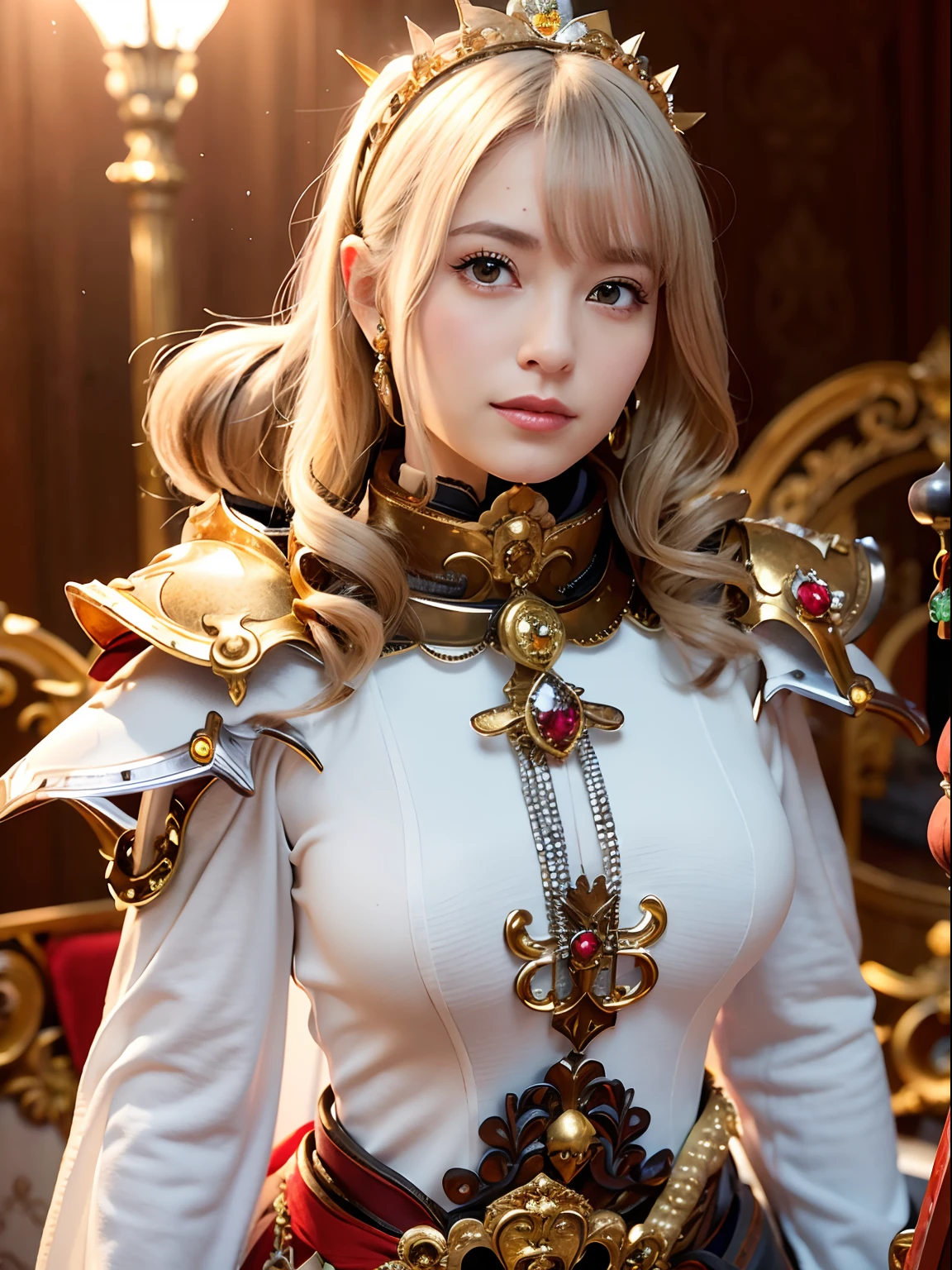 (masutepiece), Professional , masterpiece、top-quality、photos realistic , depth of fields (Gemstone Silver Metal Body:1.9),(Matte White、Jewel Gold Weapon(Jewel Metal Body:1.4),Gorgeous metal weapons , Detailed Sword of the Brave , Beautiful knife ,warhammer 40k , adepta sororitas,Detail and ornate jewel crown、Golden hair、Gangle's forest background、Beautiful Caucasian beauty、1a person、dynamic ungle,(((Detailed and ornate diamond crown)))、Smaller head、A smile、Background inside the castle、Thin and beautiful female hands、cleavage of the breast、Soldier in iron armor on background、Soldier in iron armor on background、Mystical expression、Light Effects、