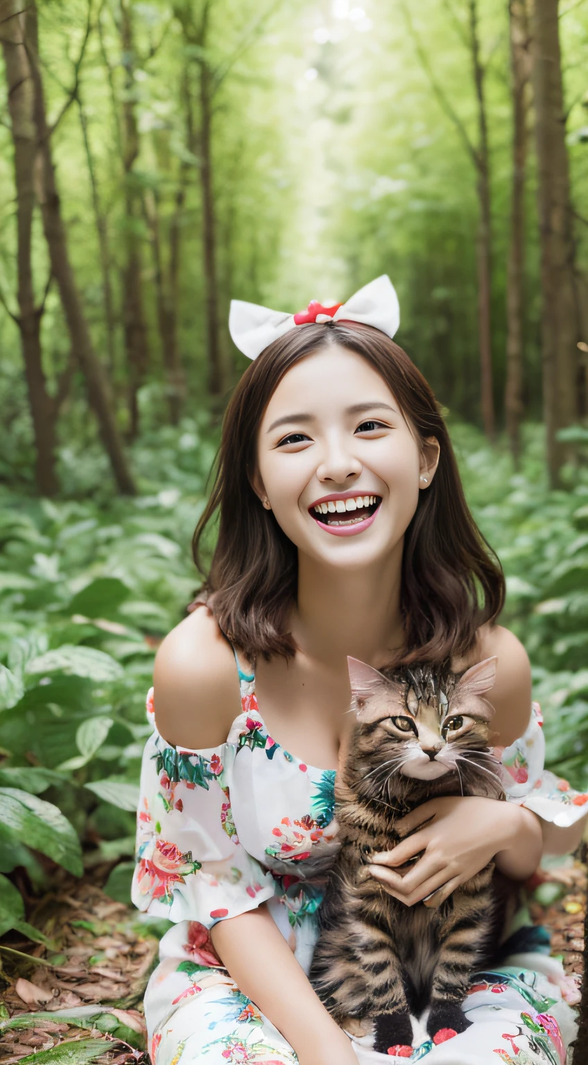 20-year-old woman in floral dress with bow on head,Laughing with white teeth、Healed face、Holding the kitten in your lap,Side Angle,Forest background,Vivid colors 16k ultra-realistic details