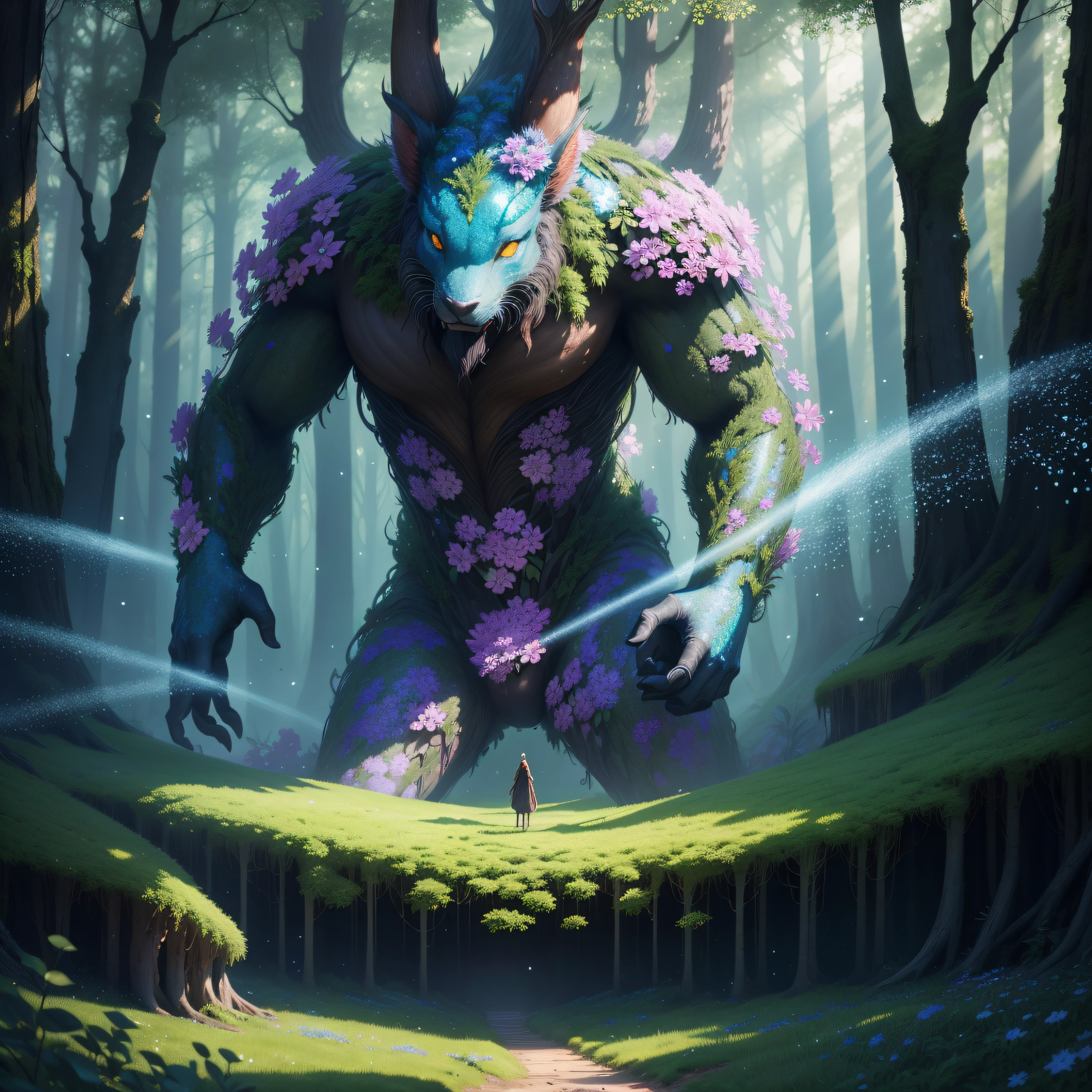 a close up of a giant creature, spring forest, forest flowers, central composition, (shimmering micro particles:1.6), fantasy art, dream style, 4k fantasy art,