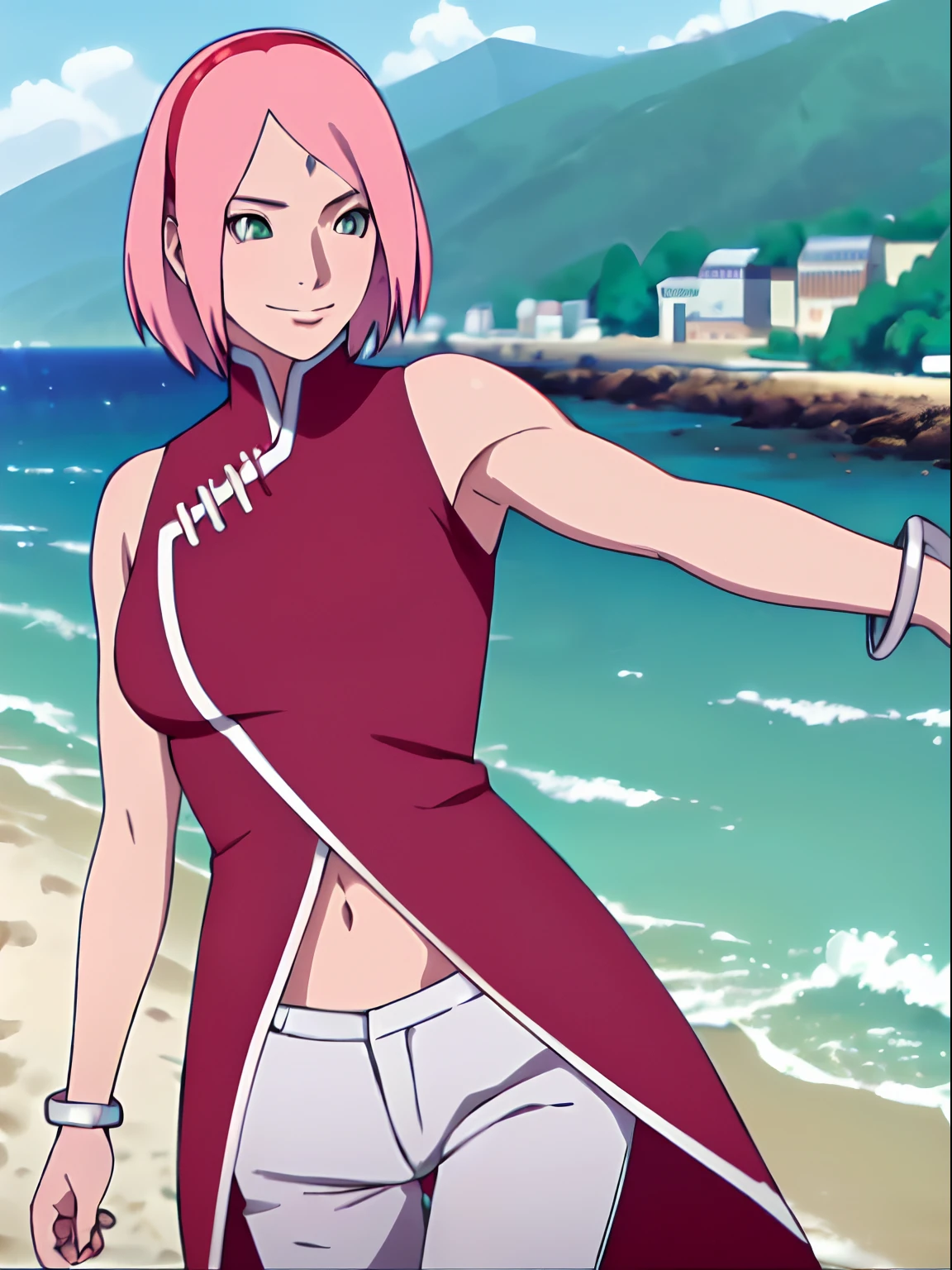 masterpiece, 4k, portrait, face shot, professional artwork, detailed beach background, intricate details, colorful, digital blending, (ultra detailed body, ultra detail hair, ultra detail face), trending on pixiv, kind smile, best quality, anime style: 1.9, 1girl, hires, haruno sakura, (forehead mark, milf, red hairband, pale skin, short hair, ((red sleeveless dress), white pants), (navel, belly button, bracelet, pink hair), smile, beach, wind, floating hair, detailed arms, off-shoulders, broad shoulders, slightly muscular arms, (dirty armpits, armpit pocket), standing)