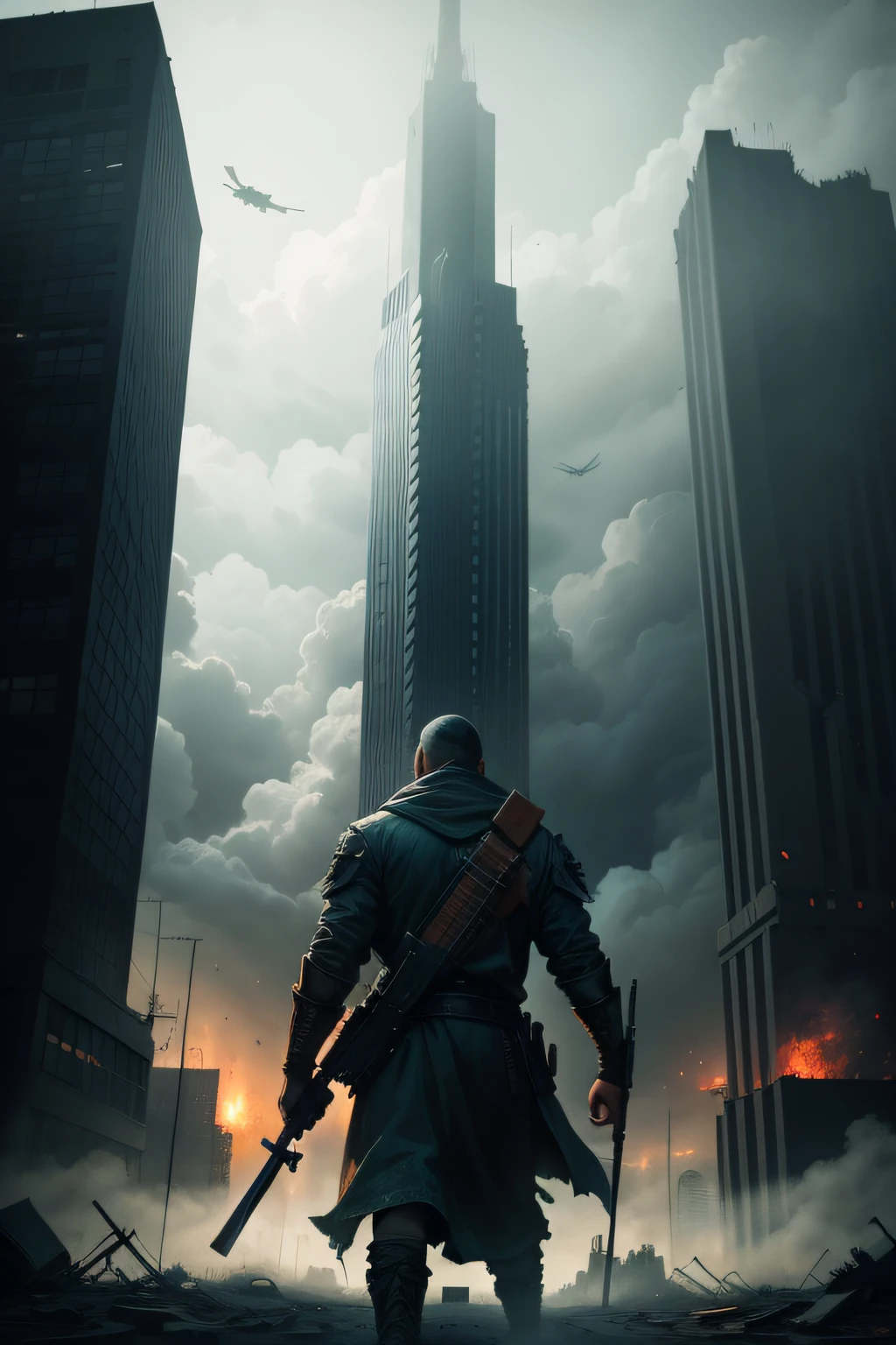 Apocalyptic comic style,The end of the world,The city is in ruins,A man fights with a heavy weapon。
